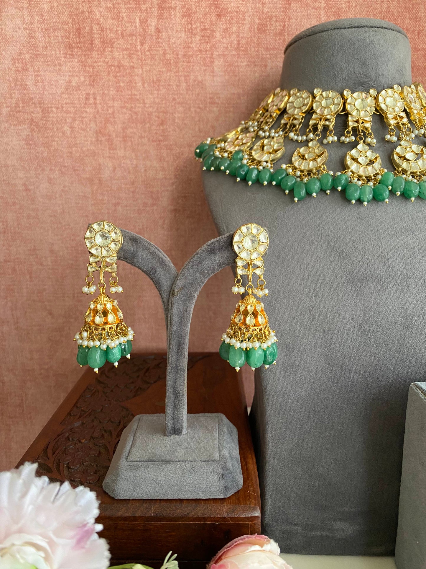 Kundan Bridal Necklace set in green drops