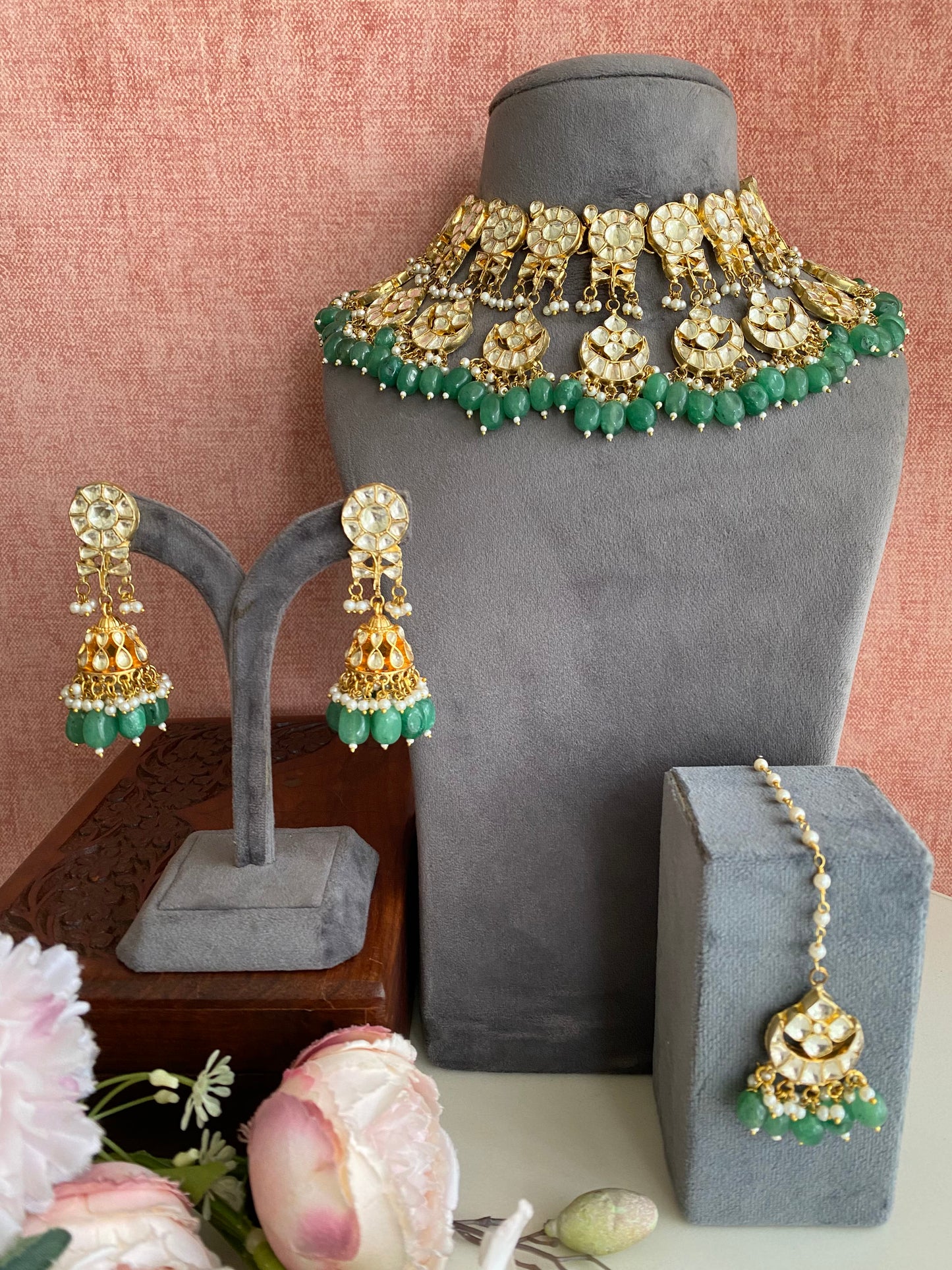 Kundan Bridal Necklace set in green drops