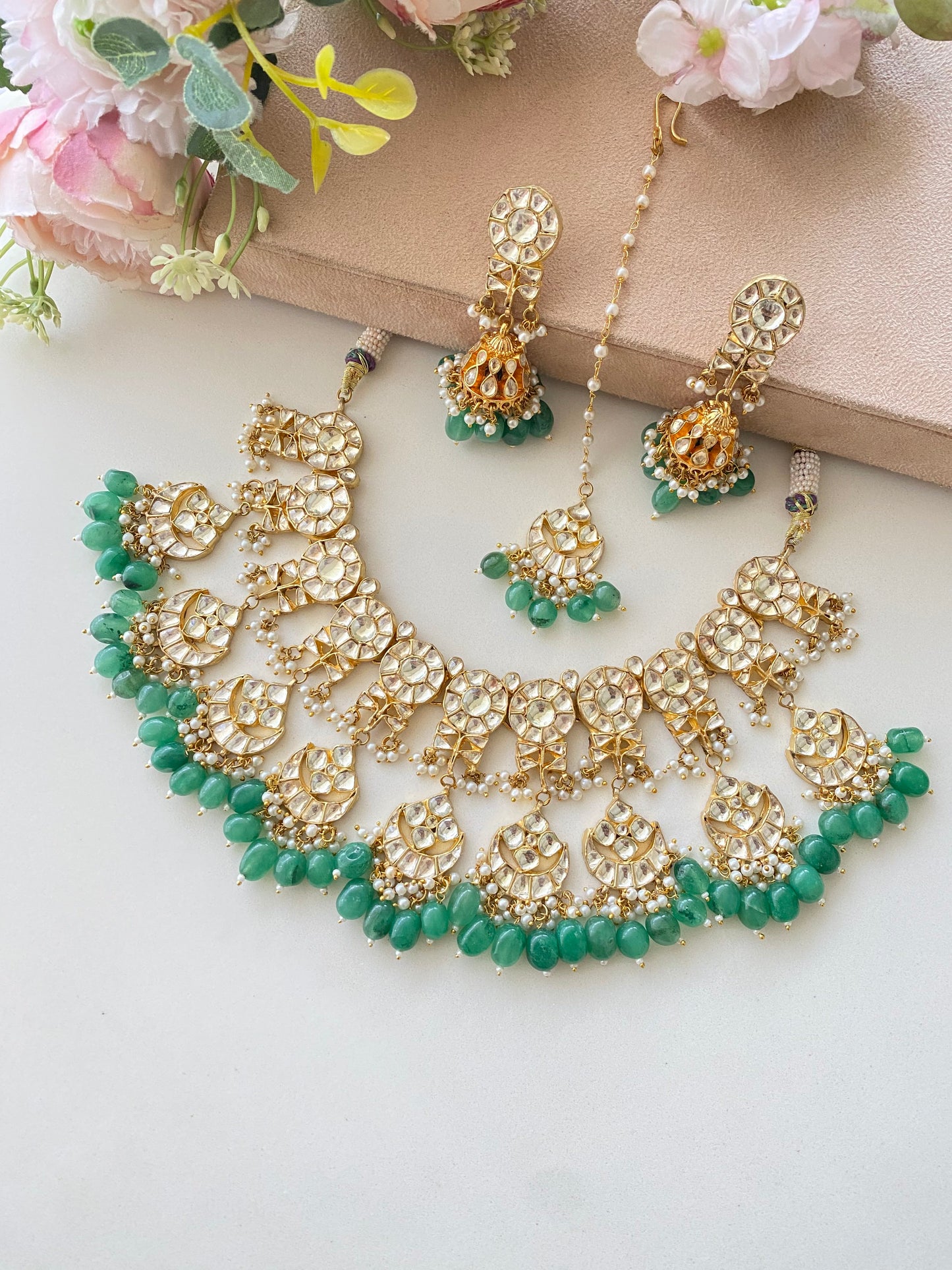 Kundan Bridal Necklace set in green drops