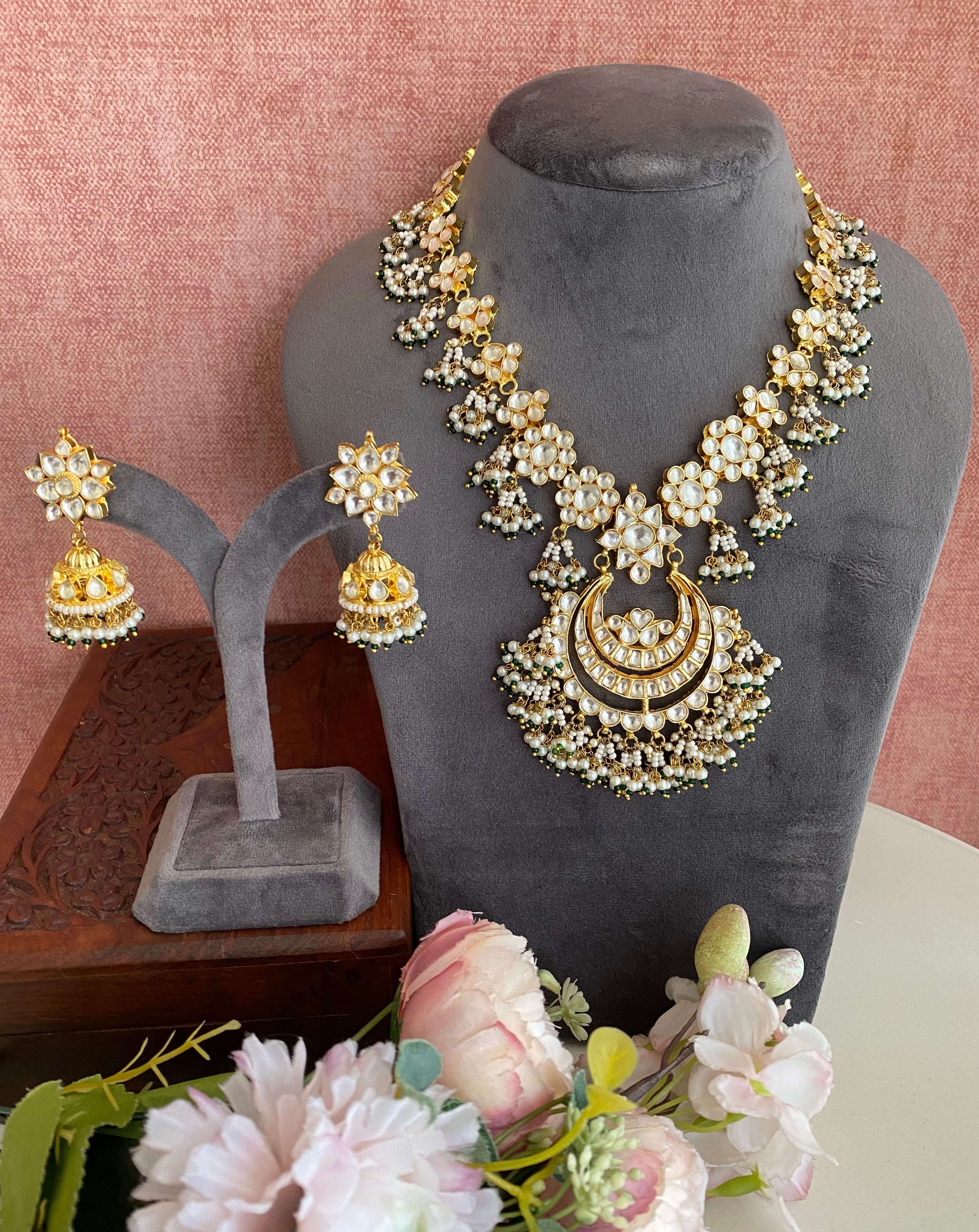 Kundan long set in Green pearl