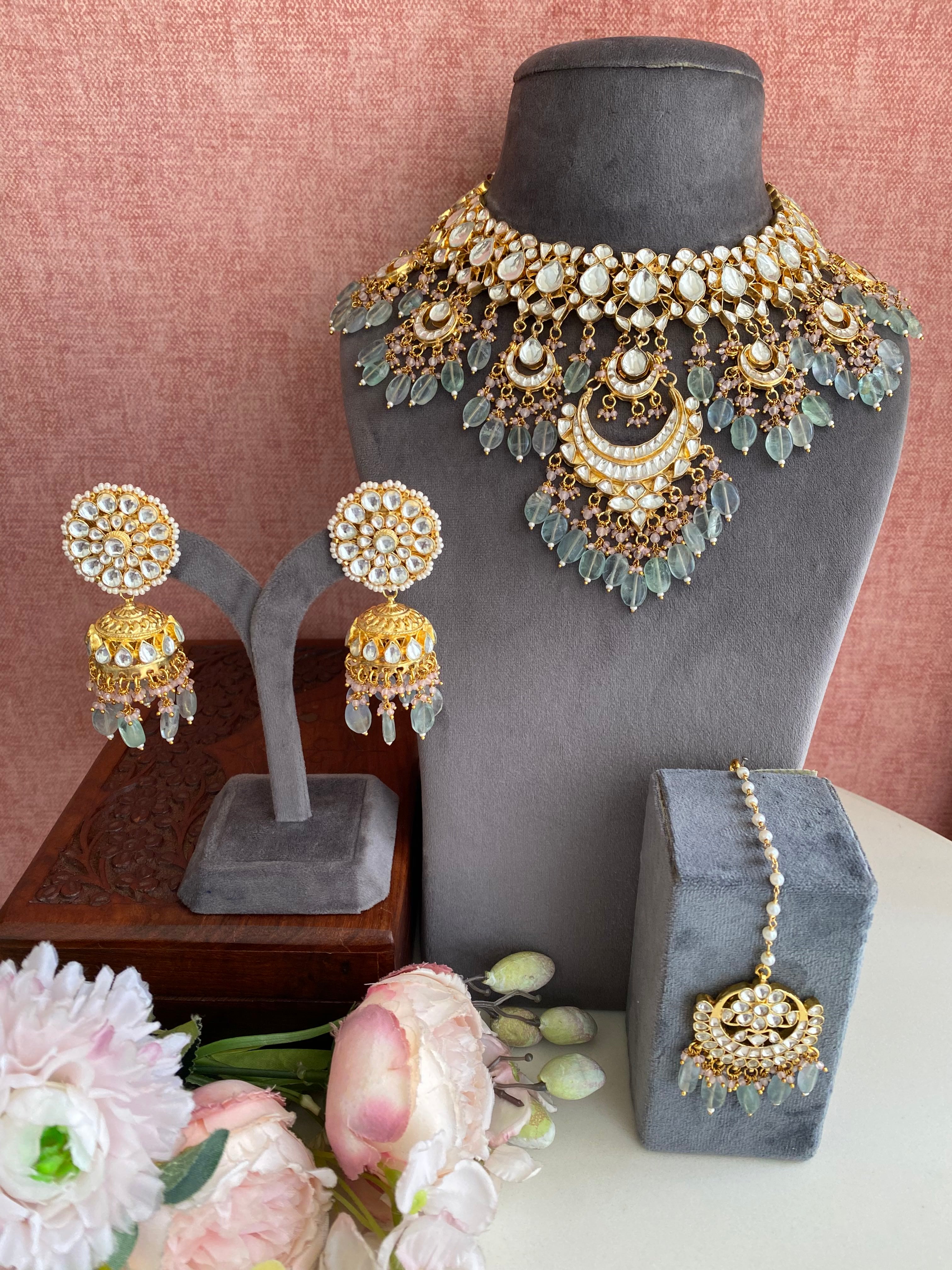 Kundan Bridal Necklace Set in mint Drops