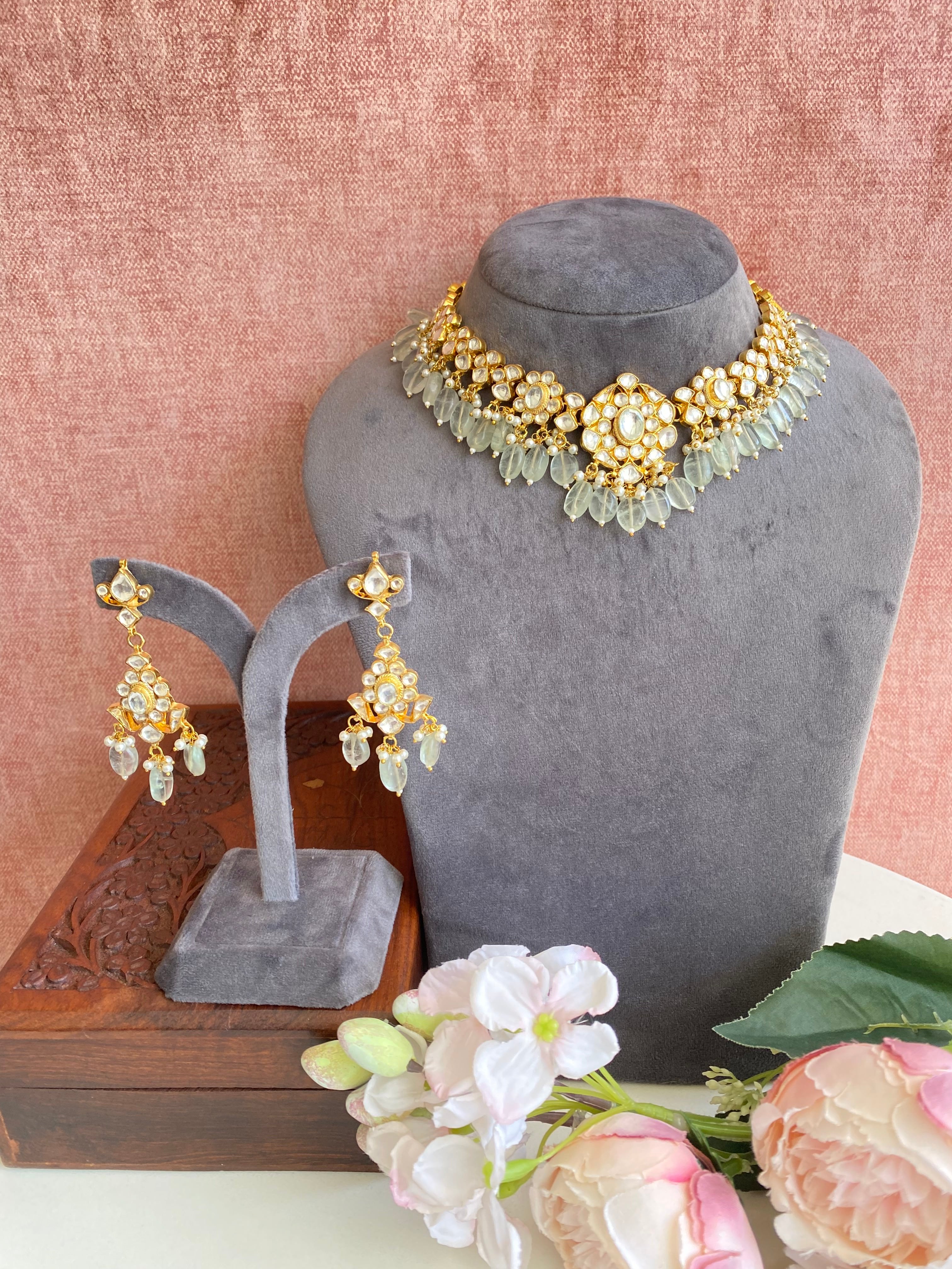 Kundan Necklace set in Mint  Drops