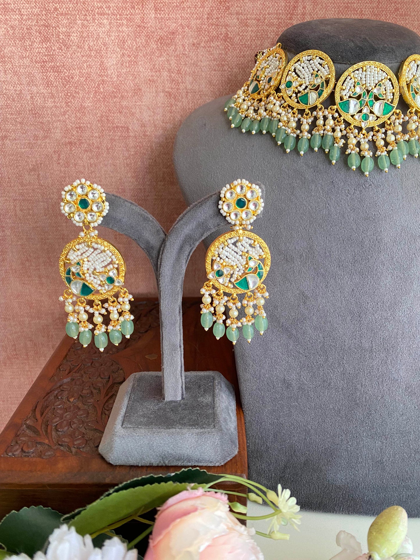 Kundan Gold plated Necklace Set in Mint Drops