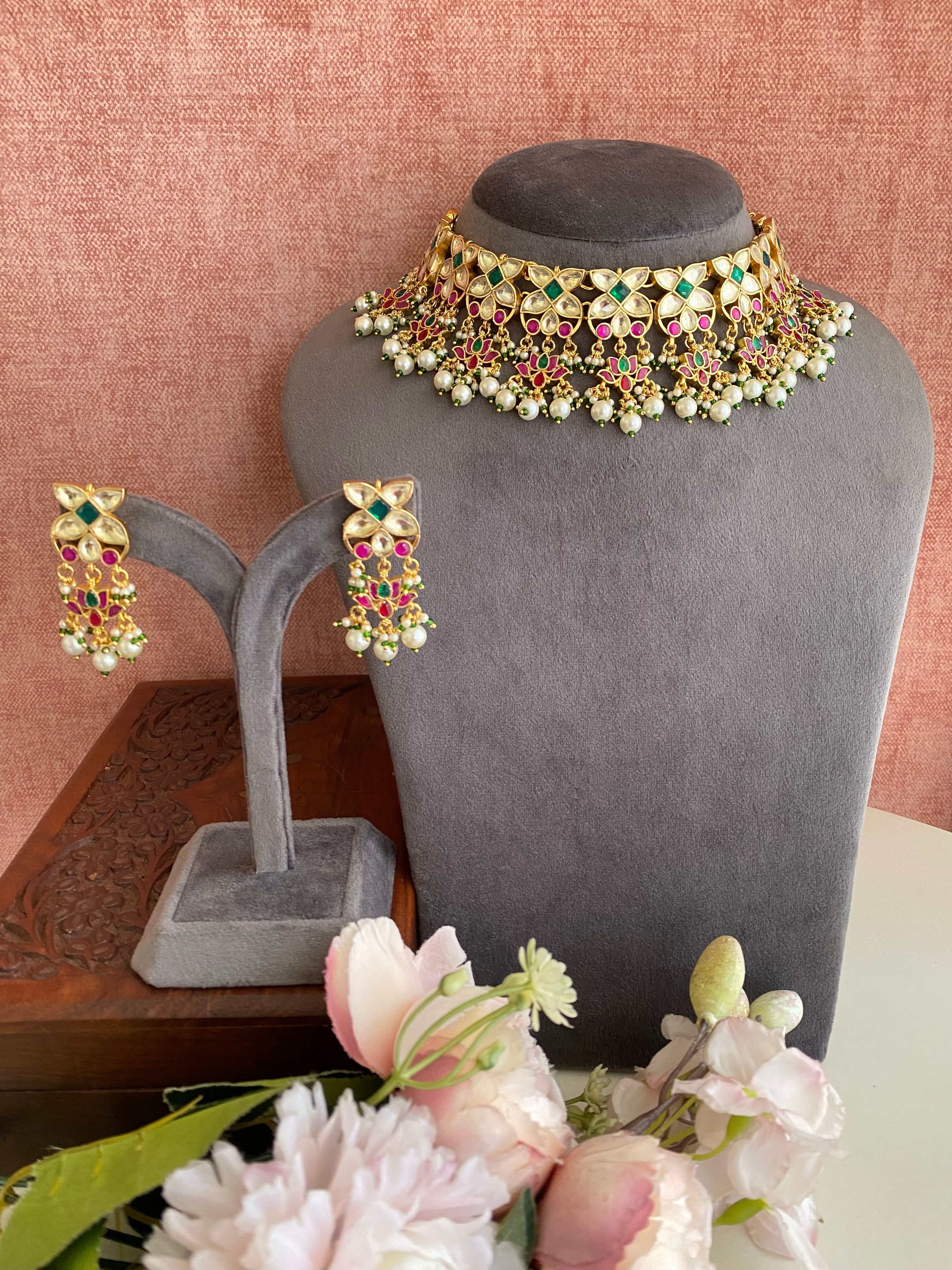 Pink and Green Kundan Necklace Set