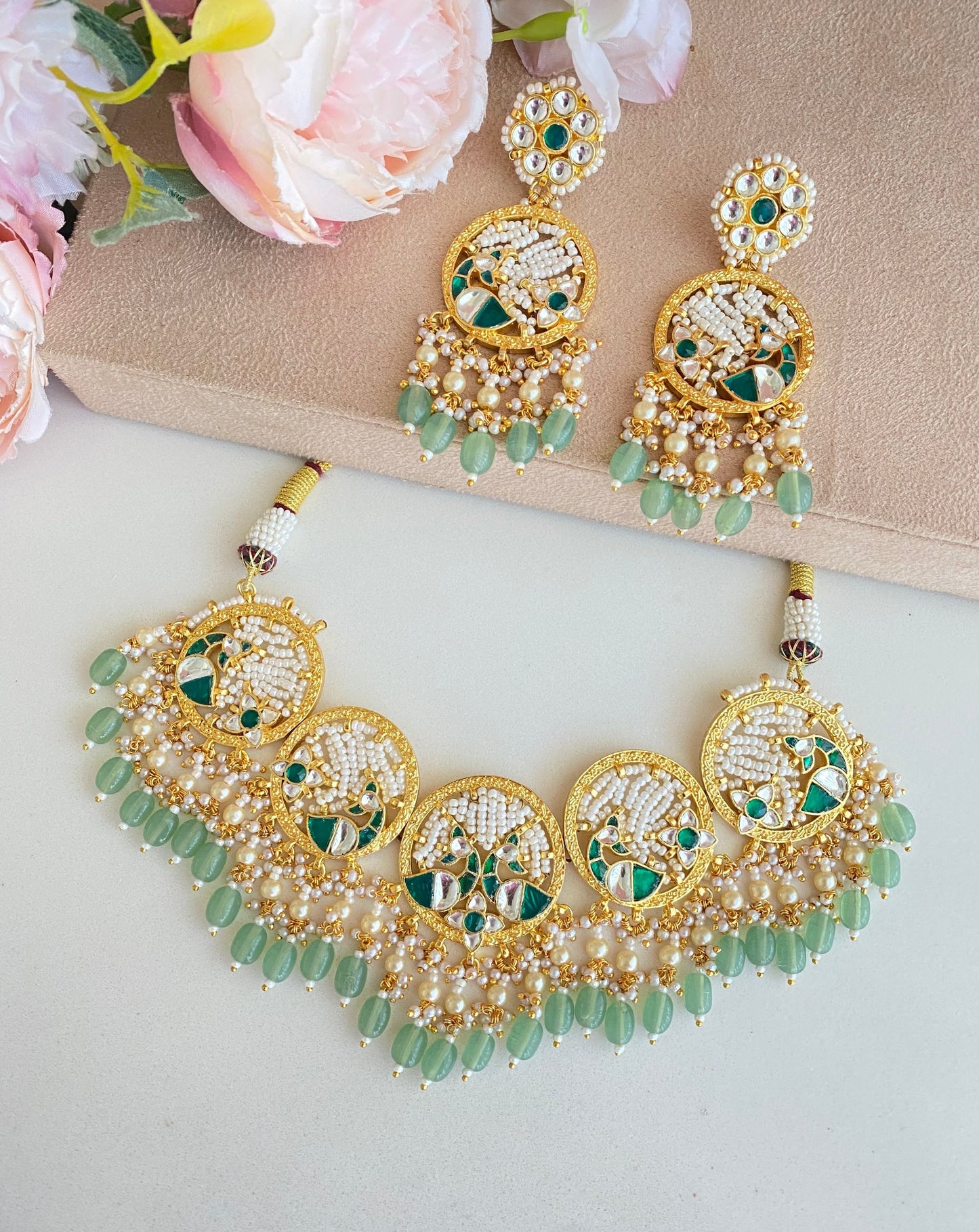 Kundan Gold plated Necklace Set in Mint Drops