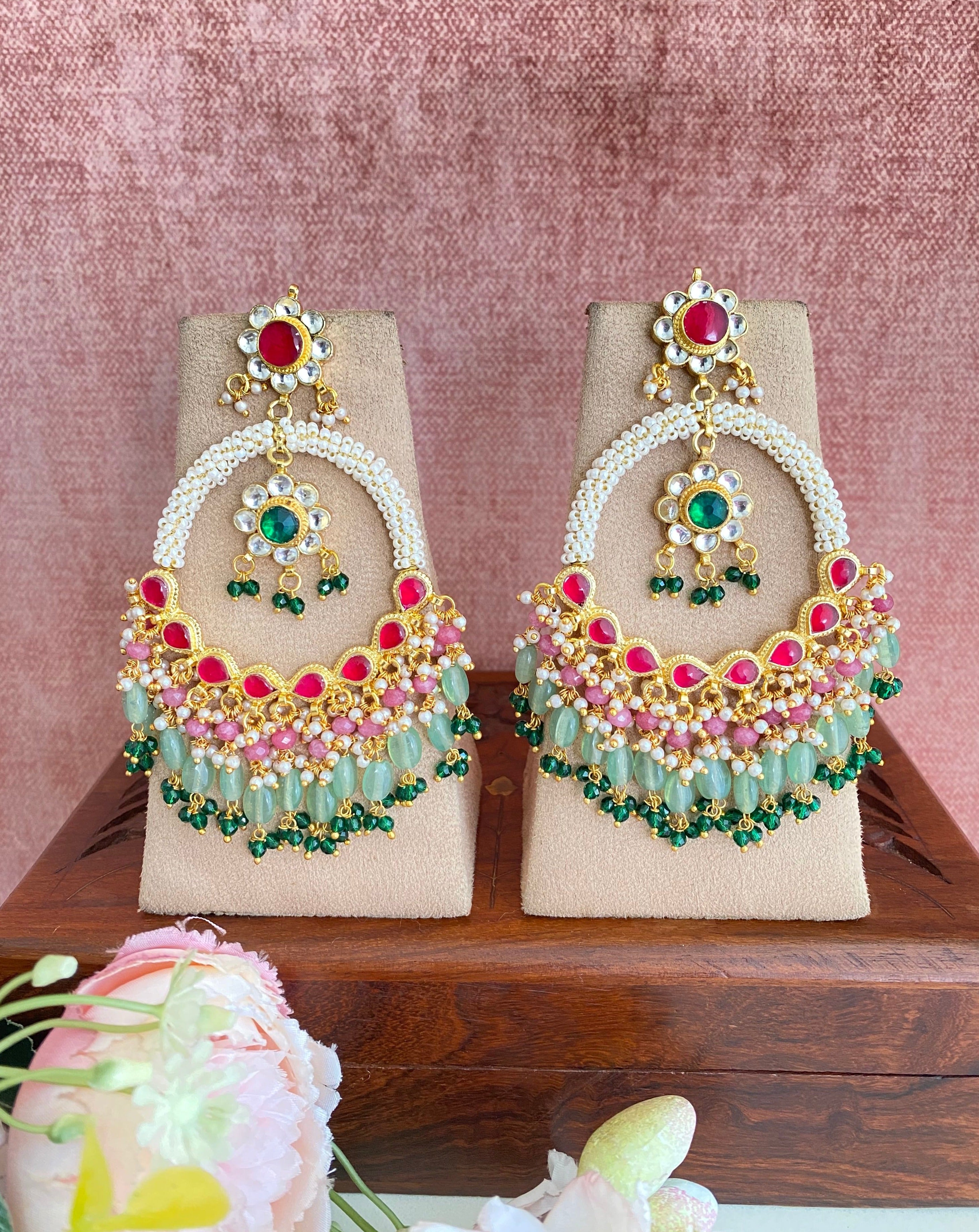 Kundan Chandbaali Earring with Mint drops