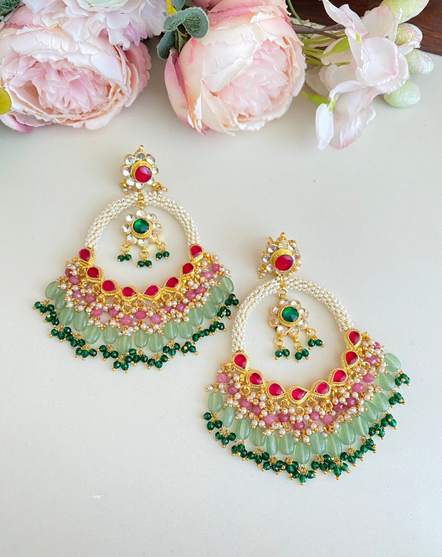 Kundan Chandbaali Earring with Mint drops