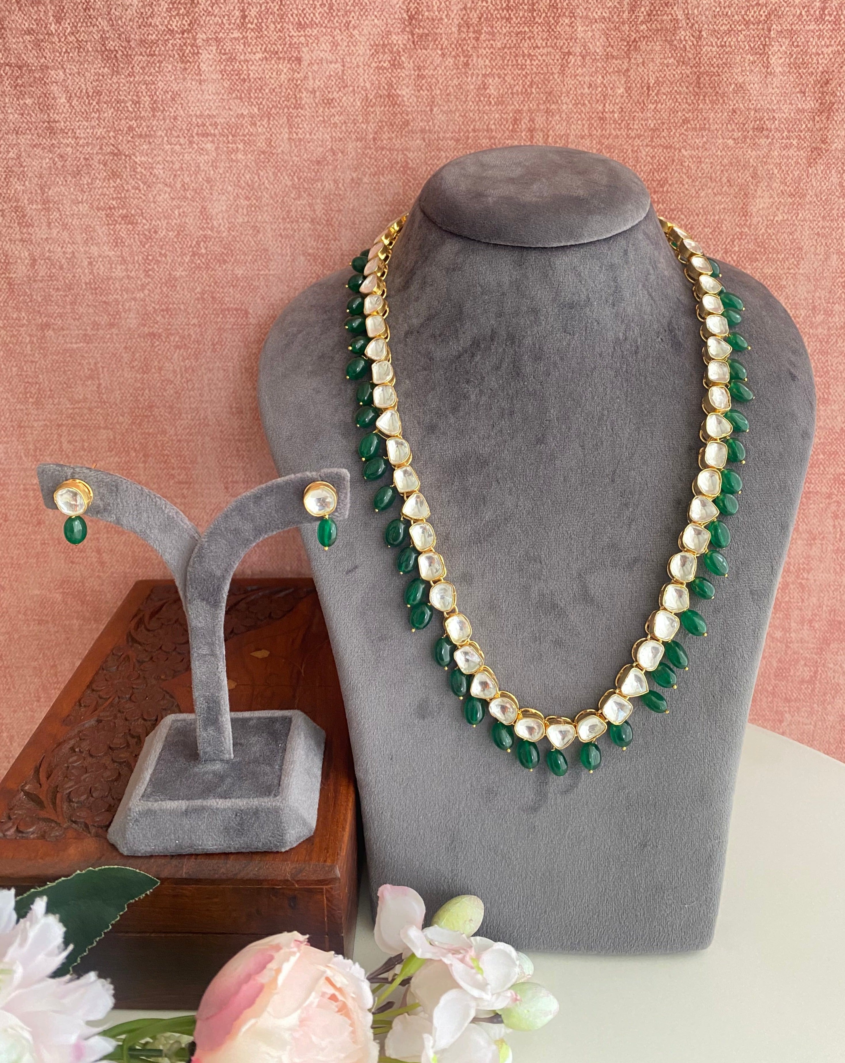 Kundan Long Necklace set in Green drops