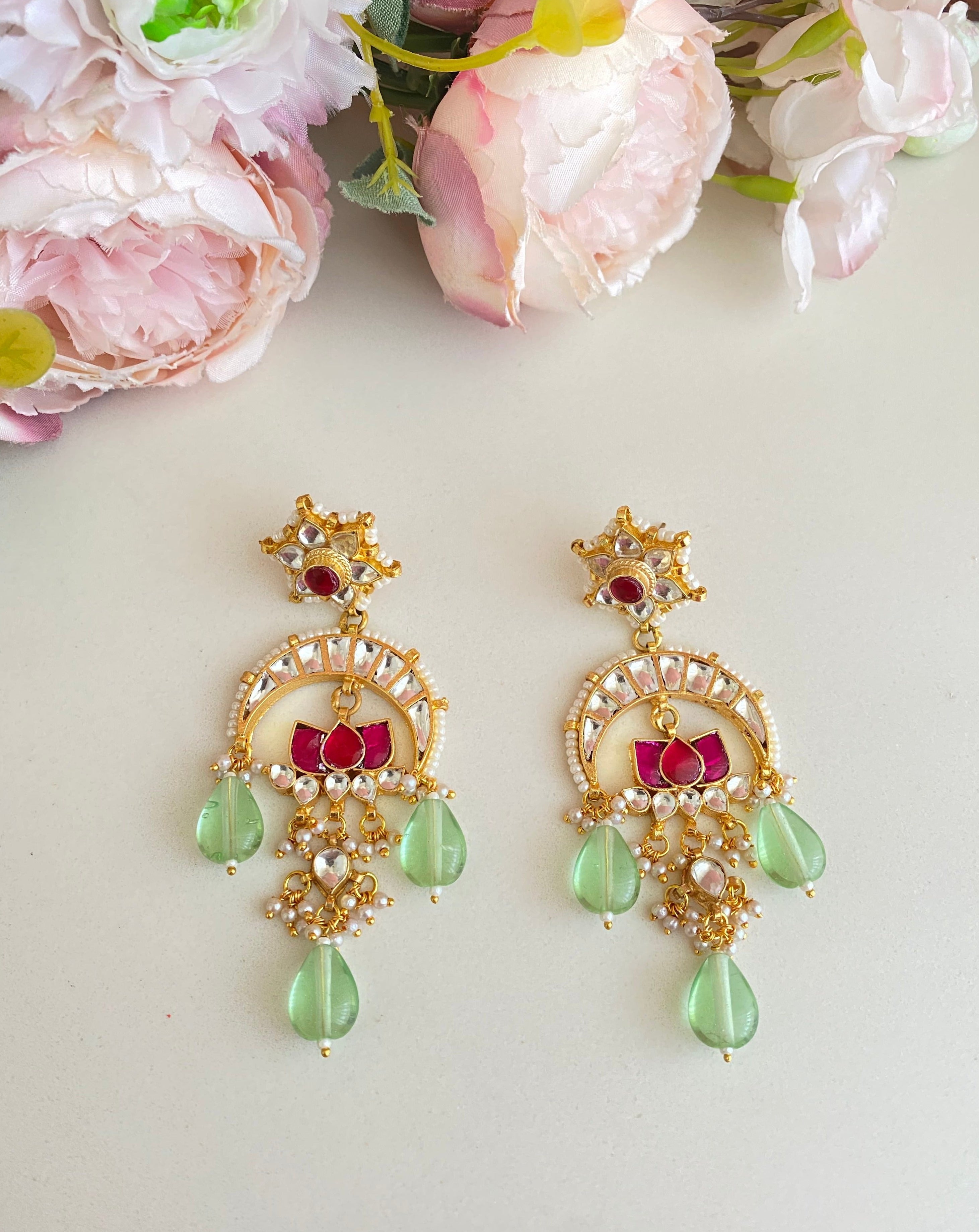 Lotus Kundan Earrings in mint drops