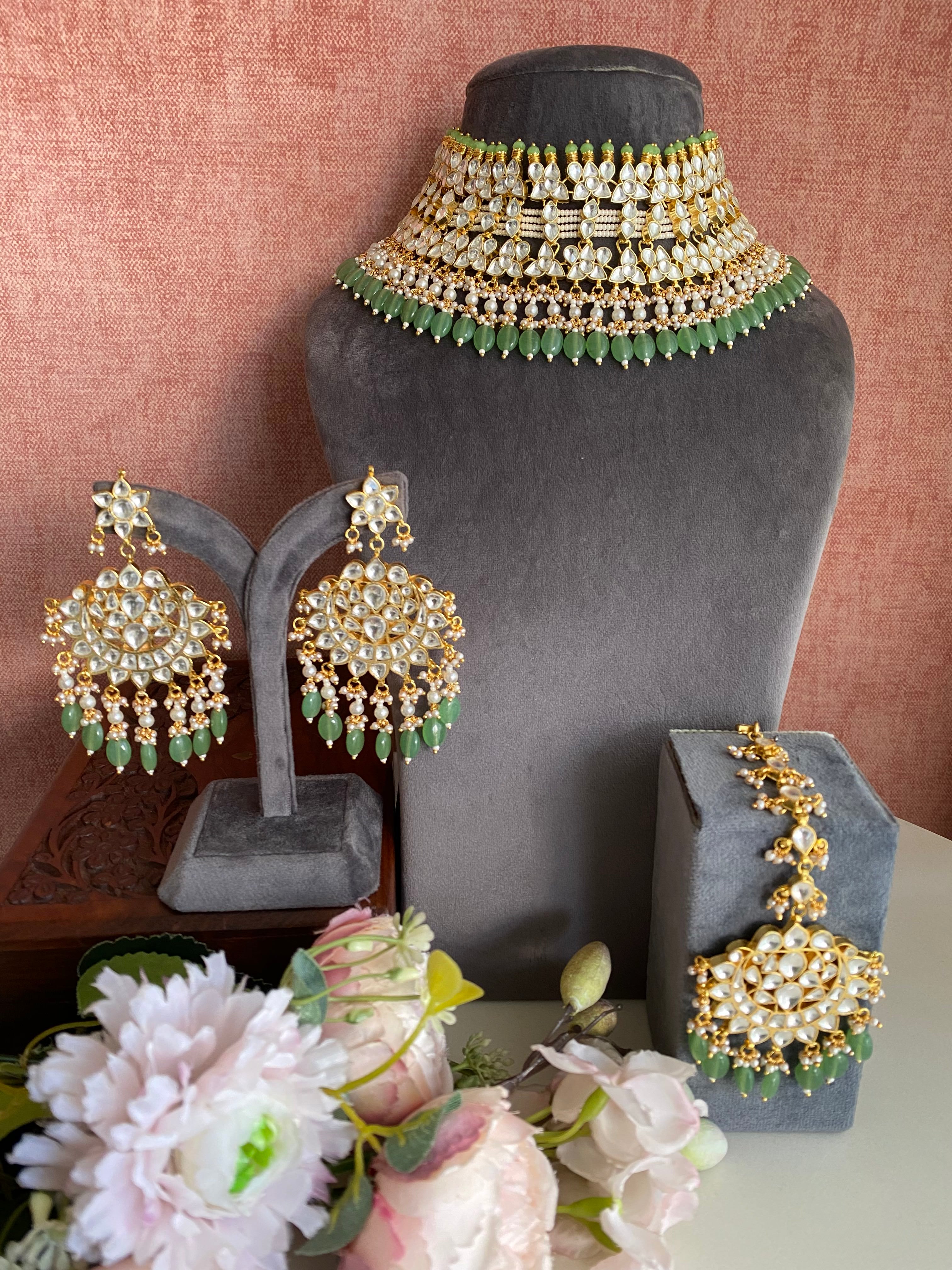 Kundan Bridal Necklace Set in mint Drops