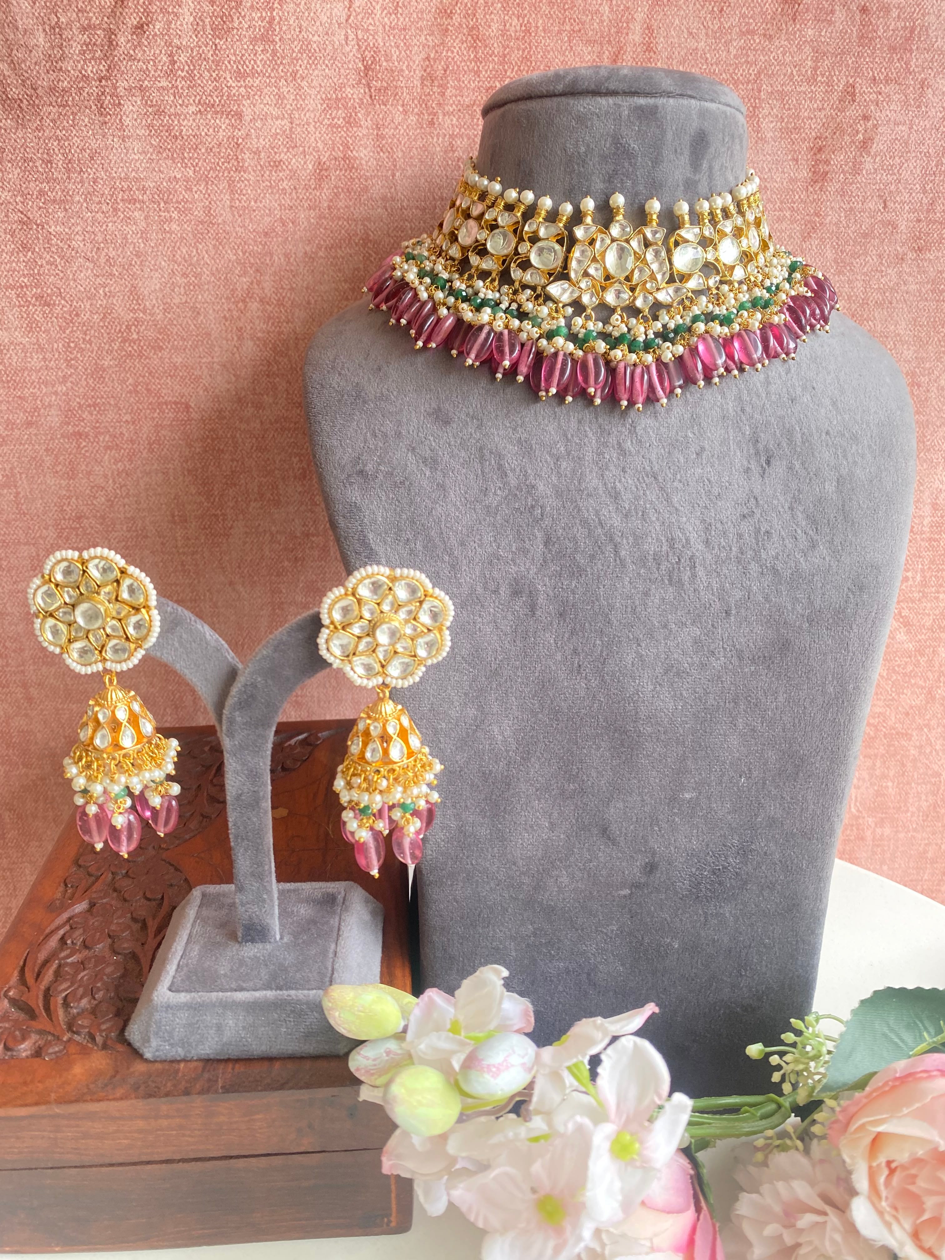 Kundan necklace set in pink drops