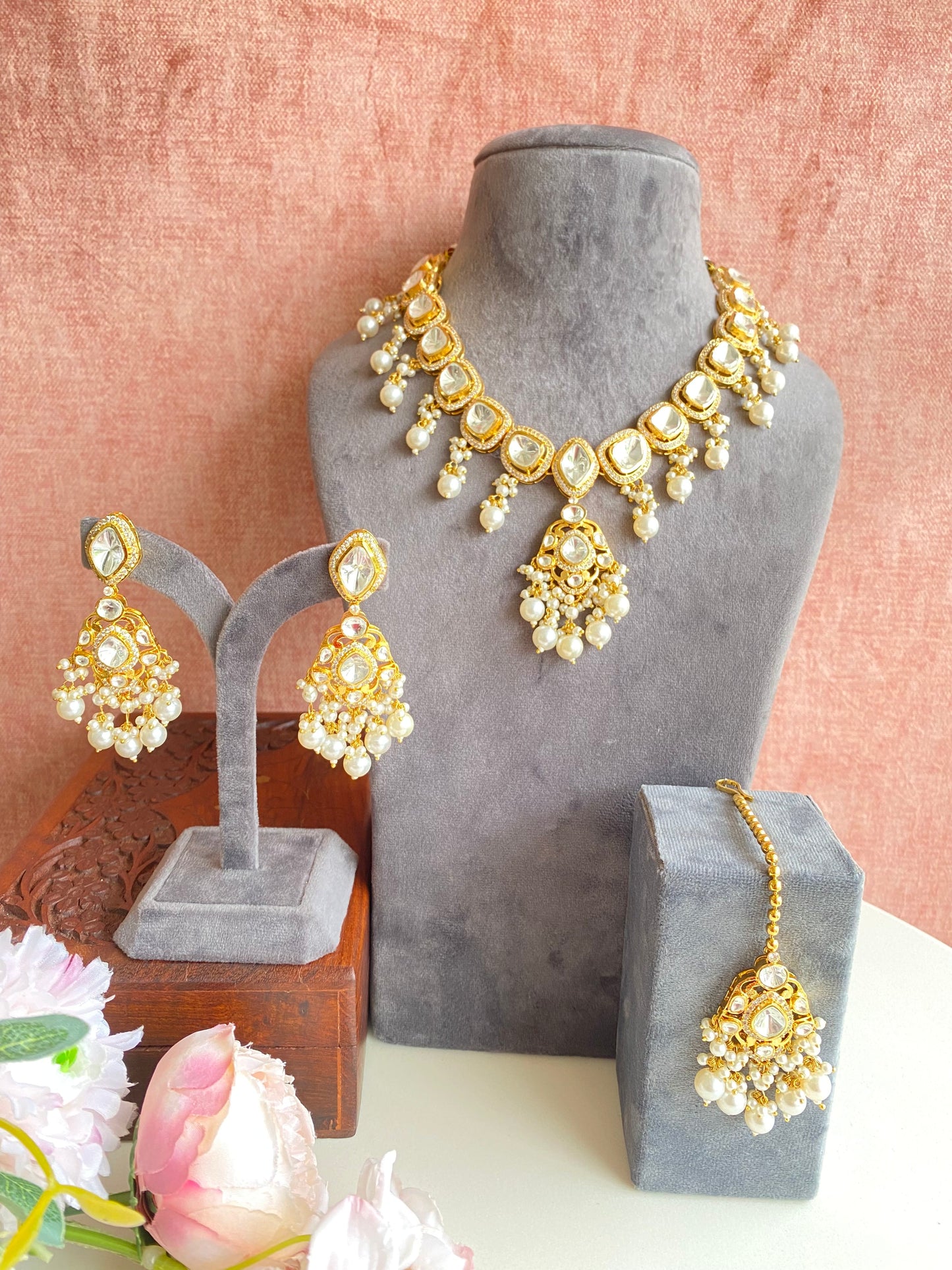 Polki Necklace set in pearl drops