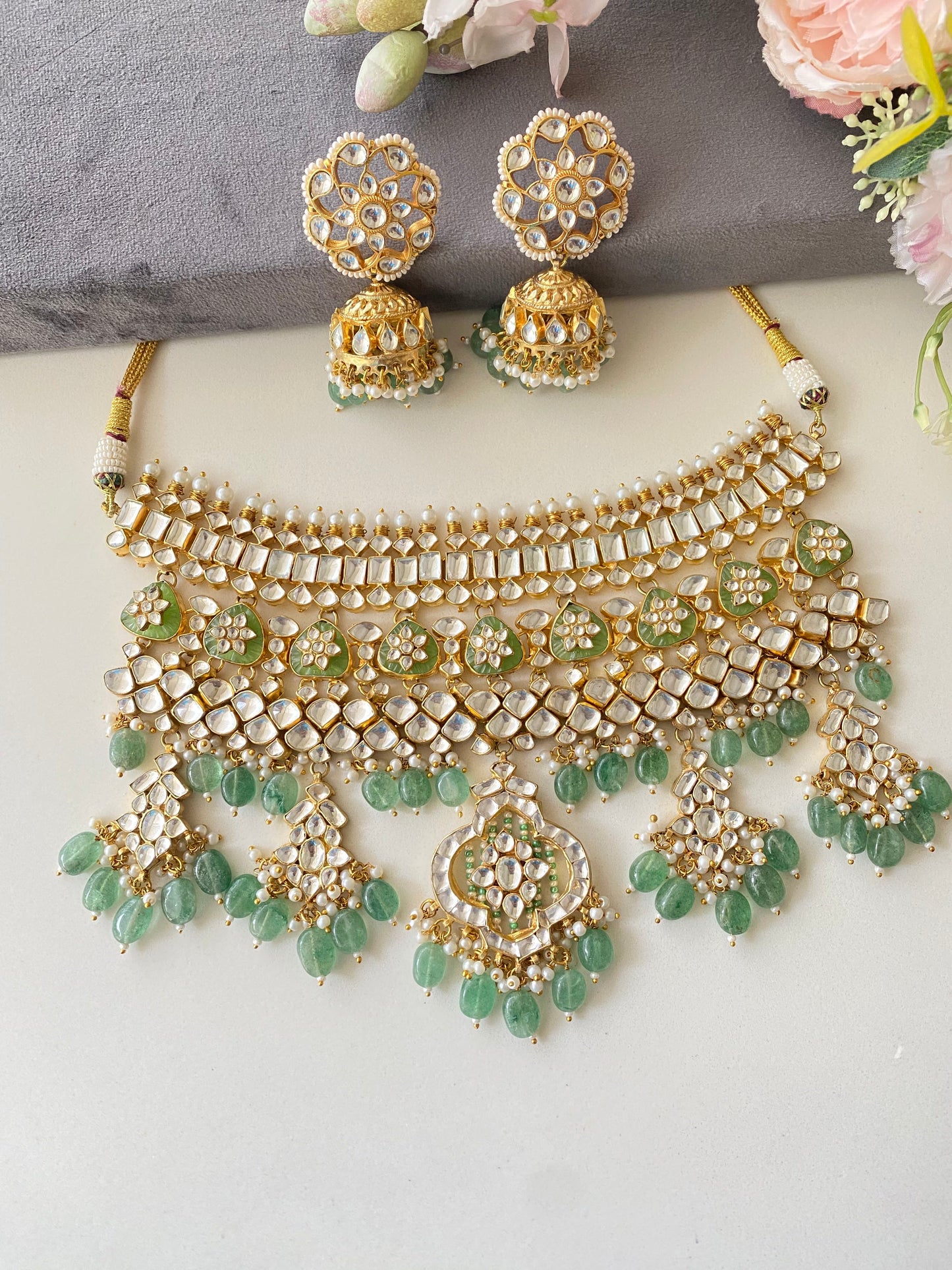 Kundan Bridal Necklace Set in mint Drops