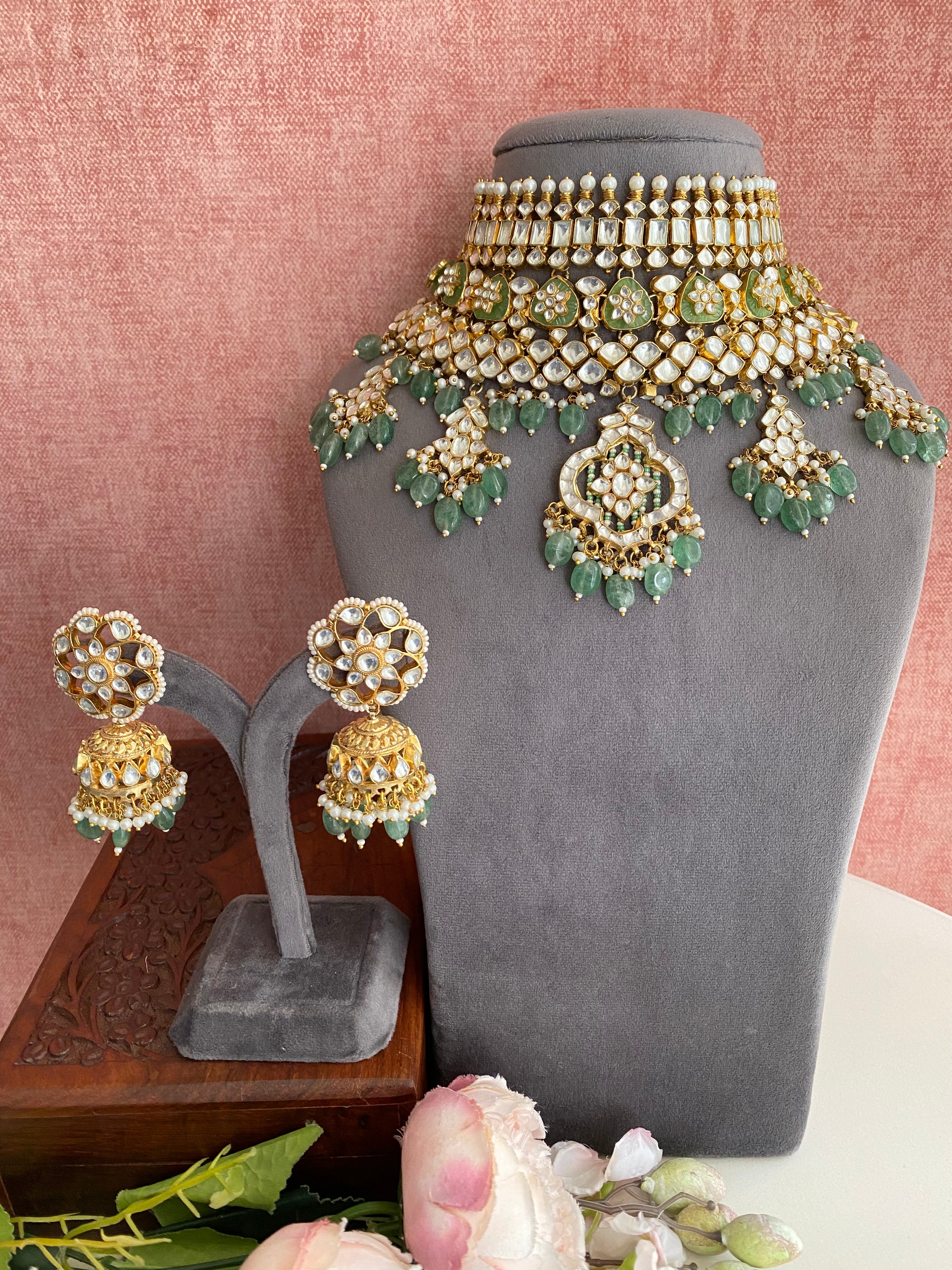 Kundan Bridal Necklace Set in mint Drops