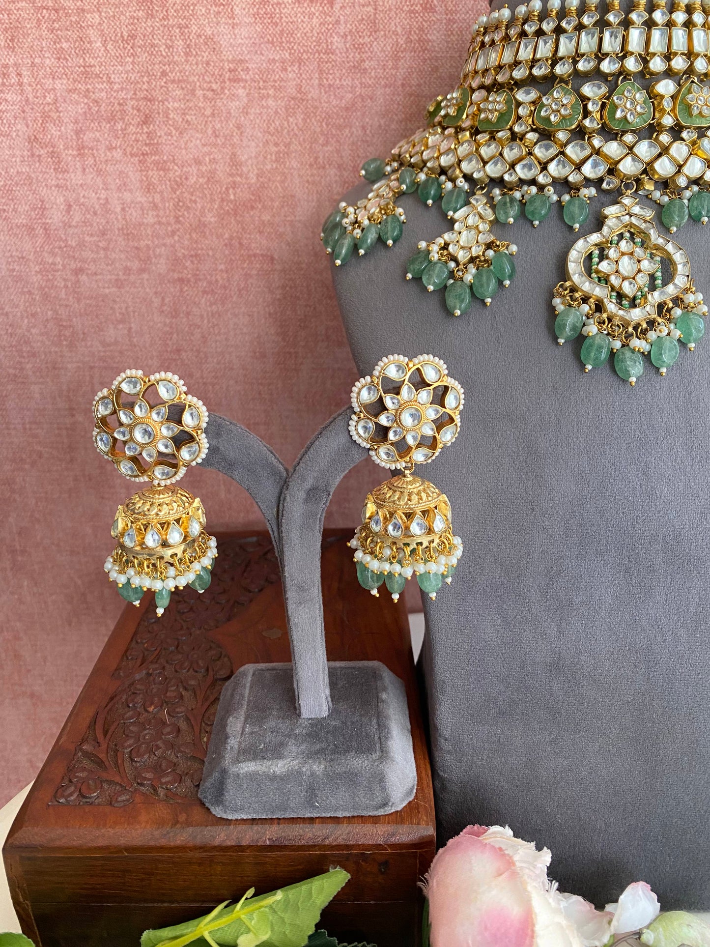 Kundan Bridal Necklace Set in mint Drops