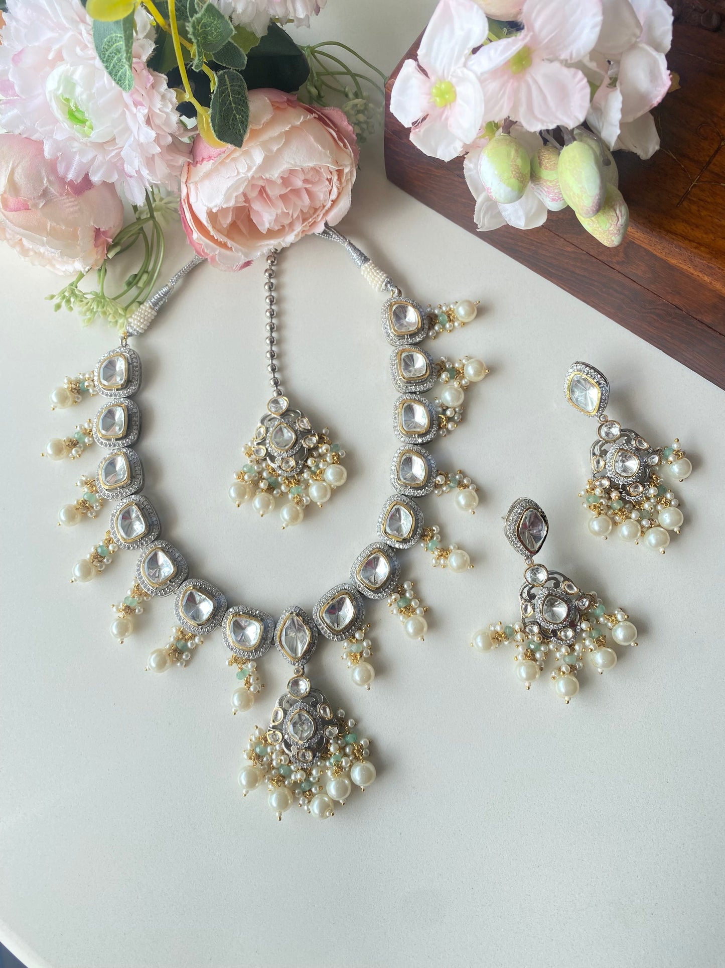 Kundan Necklace set in pearl drops