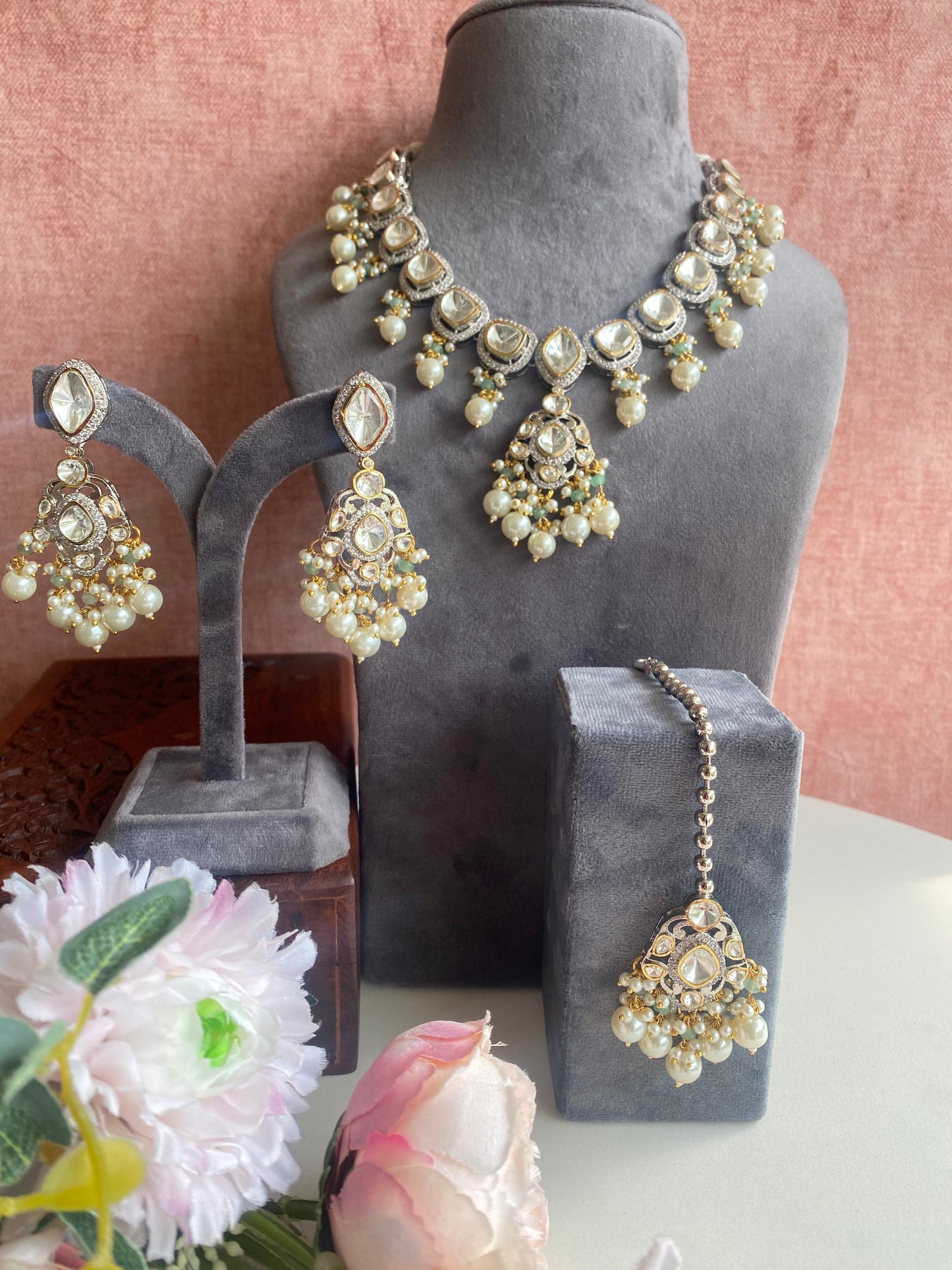 Kundan Necklace set in pearl drops