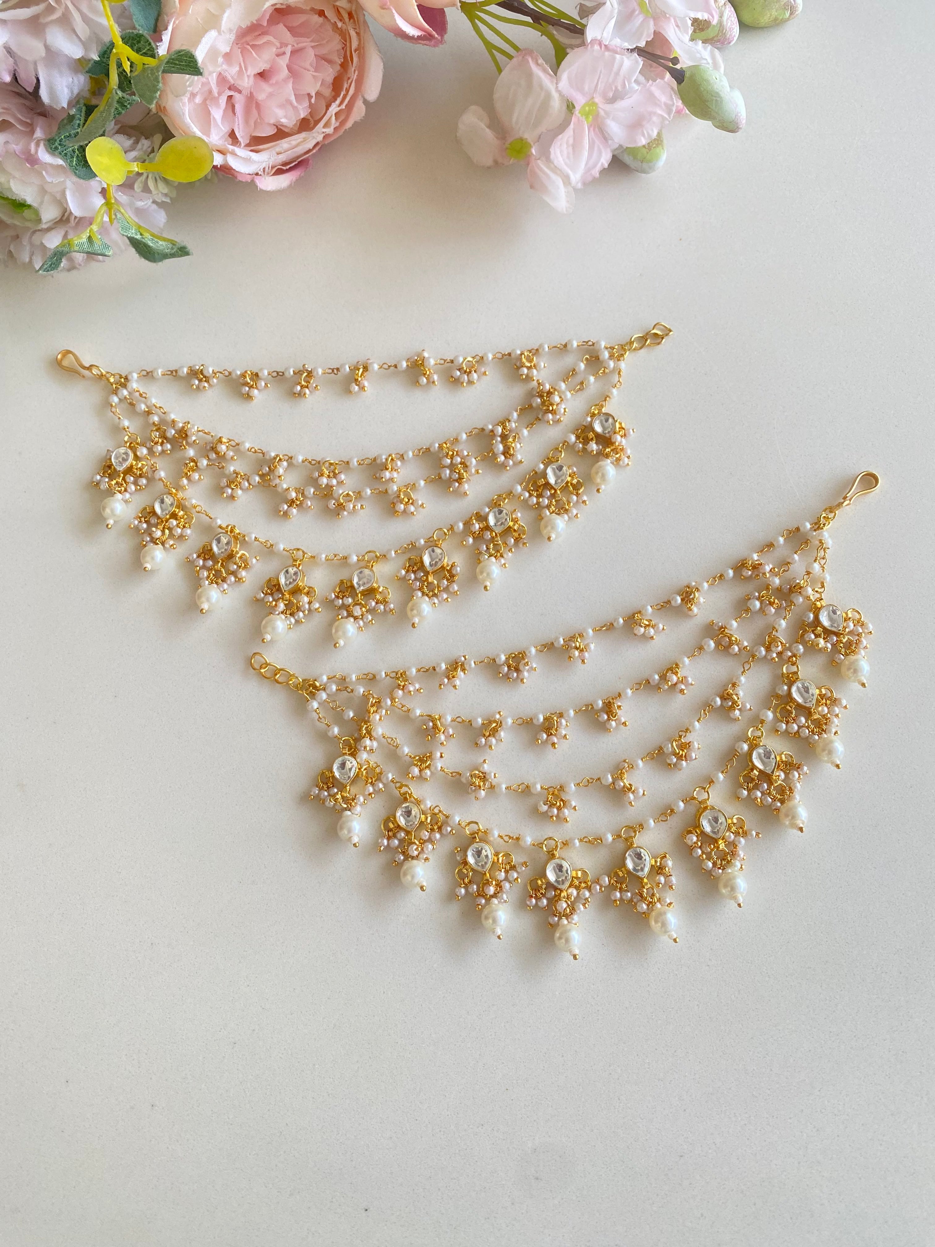 Gold plated White Kundan Ear Chain