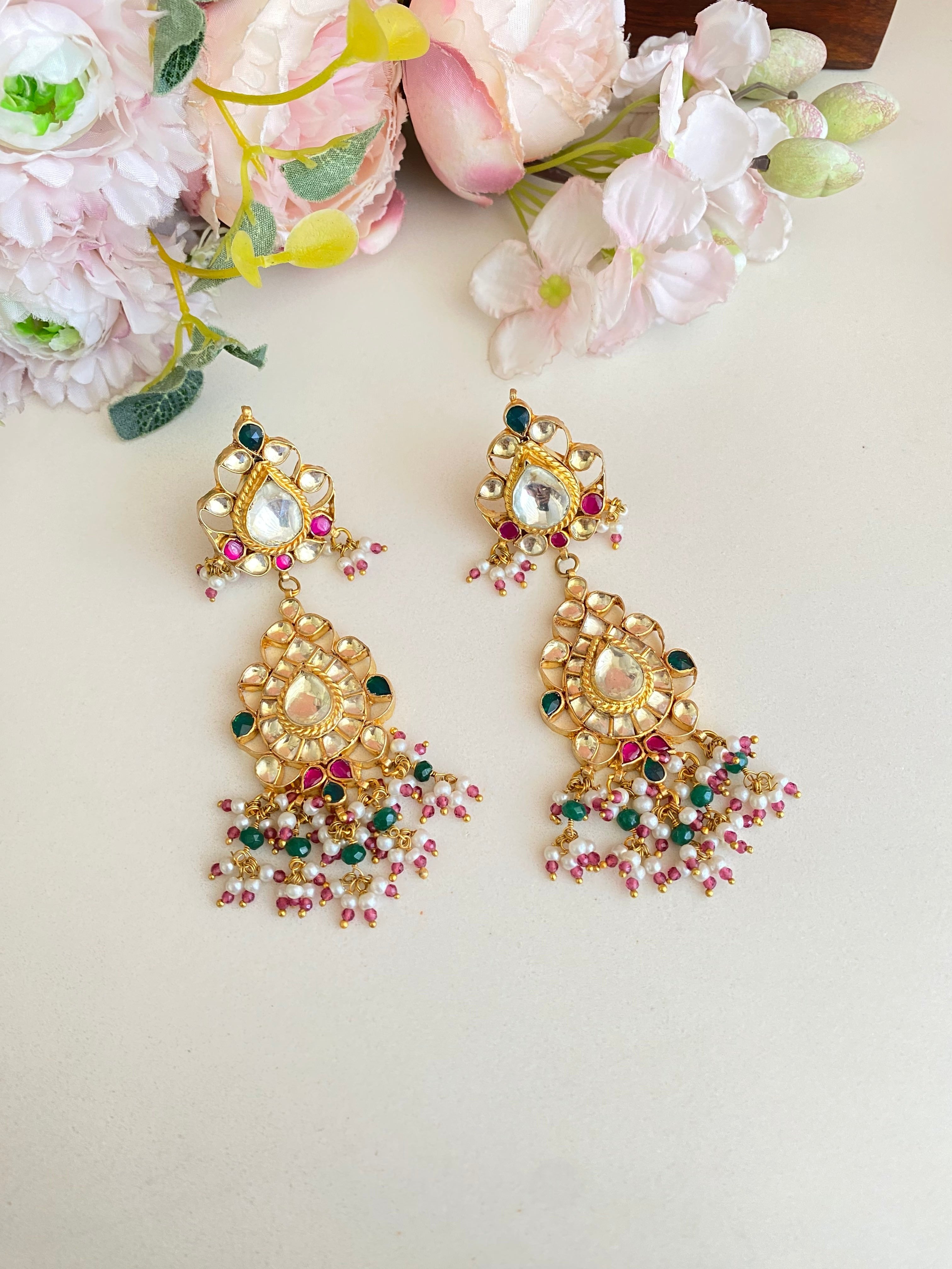 Pink and Green Kundan Earring