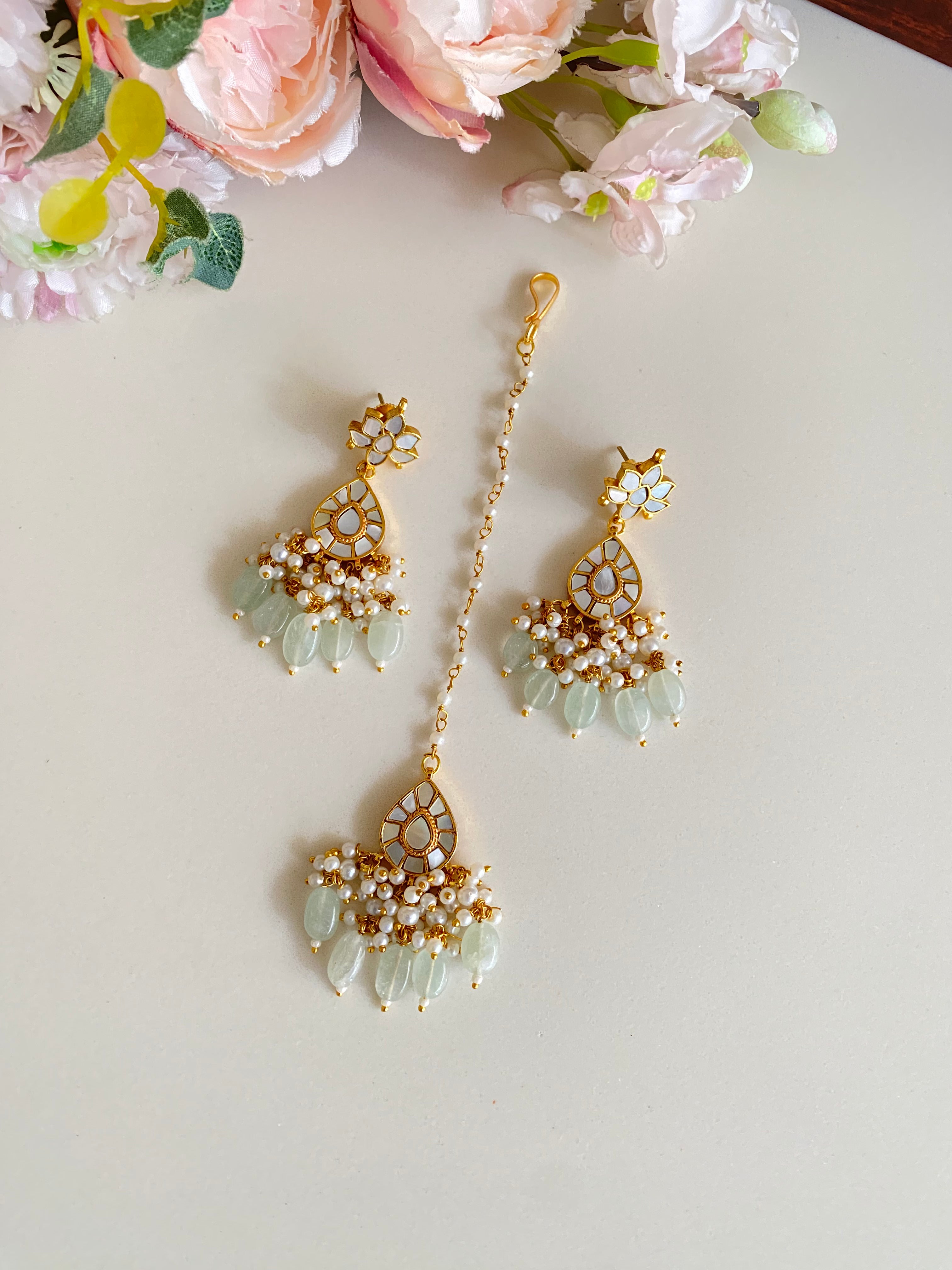 Mother of pearl earrings and Tikka set