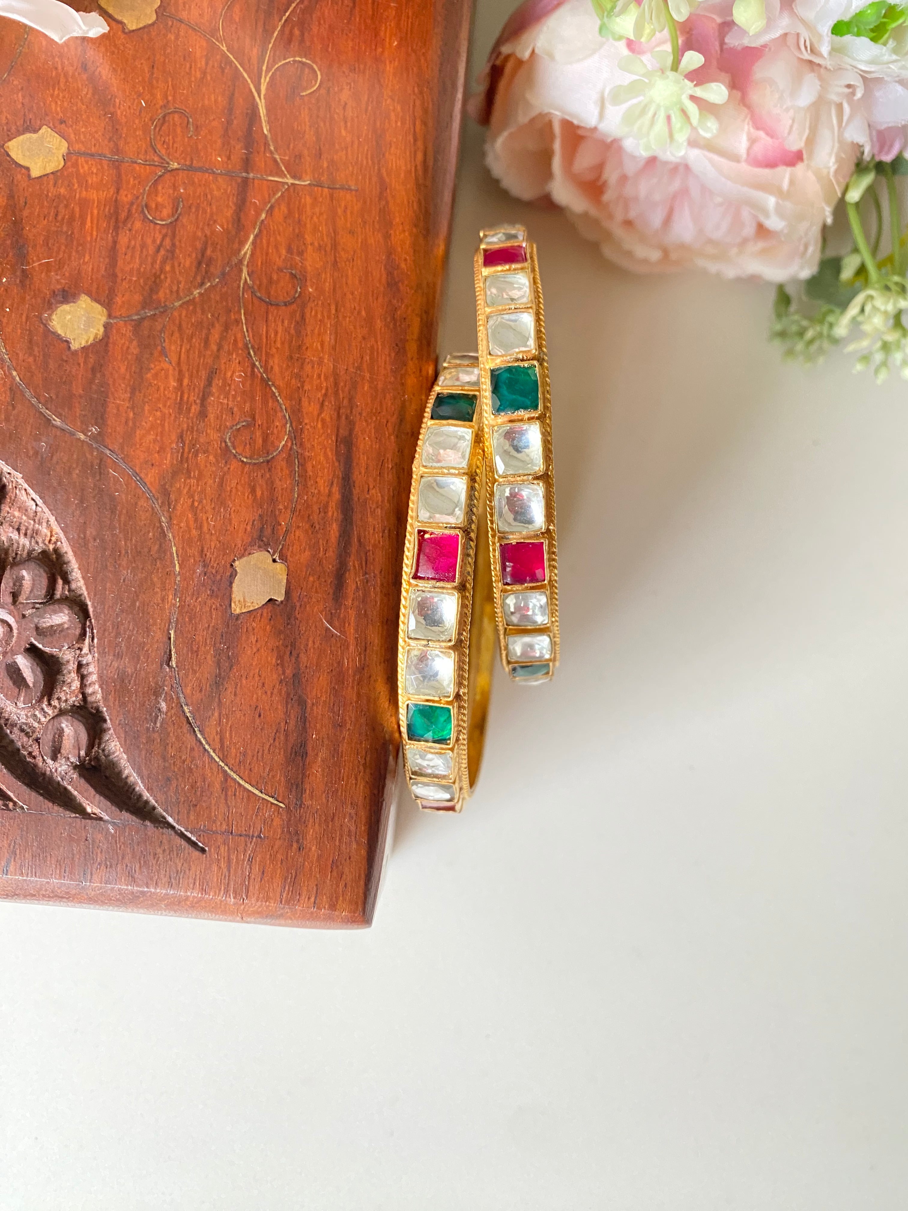 Pink and green Kundan Bangles