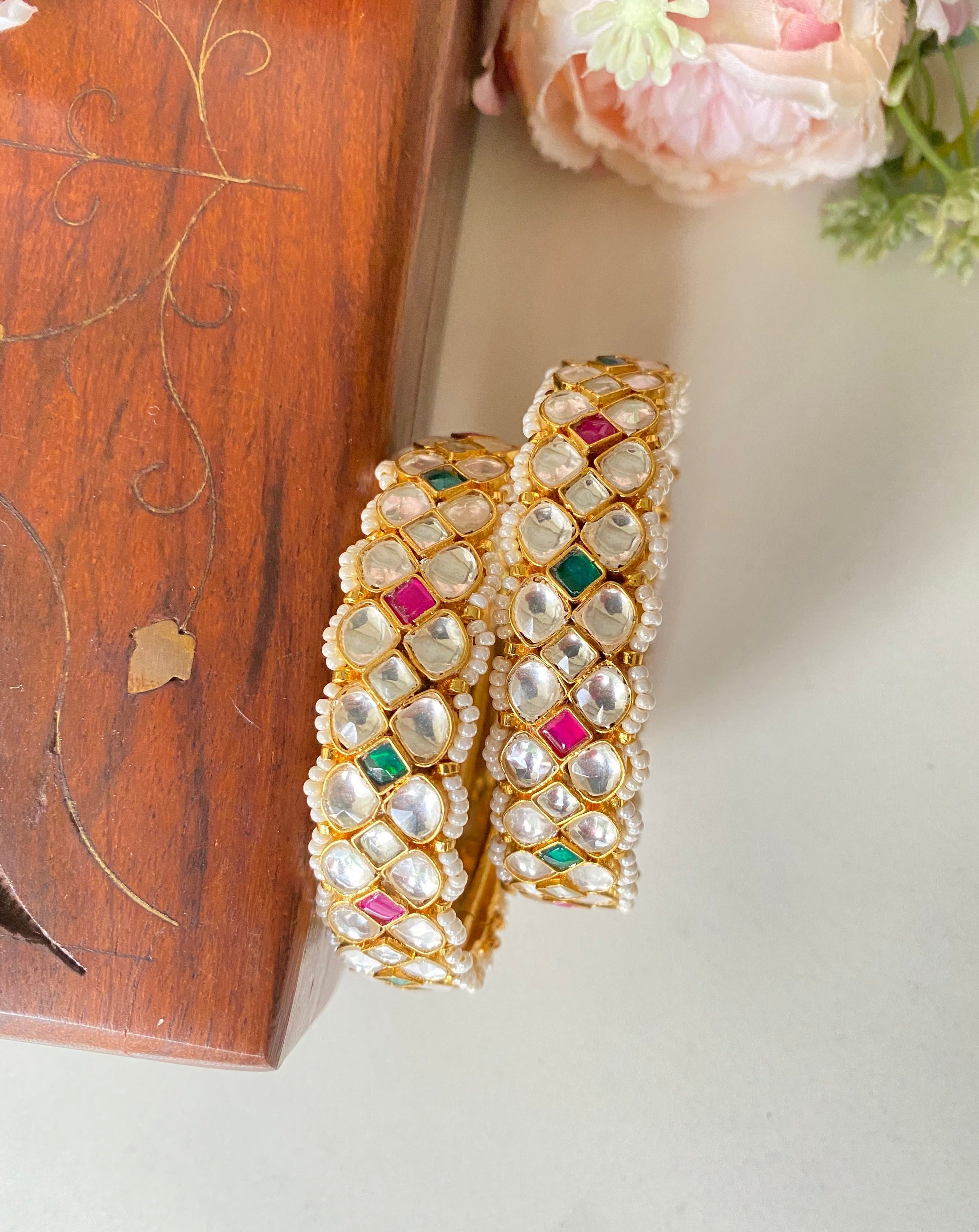 Pink and green Kundan Bangles