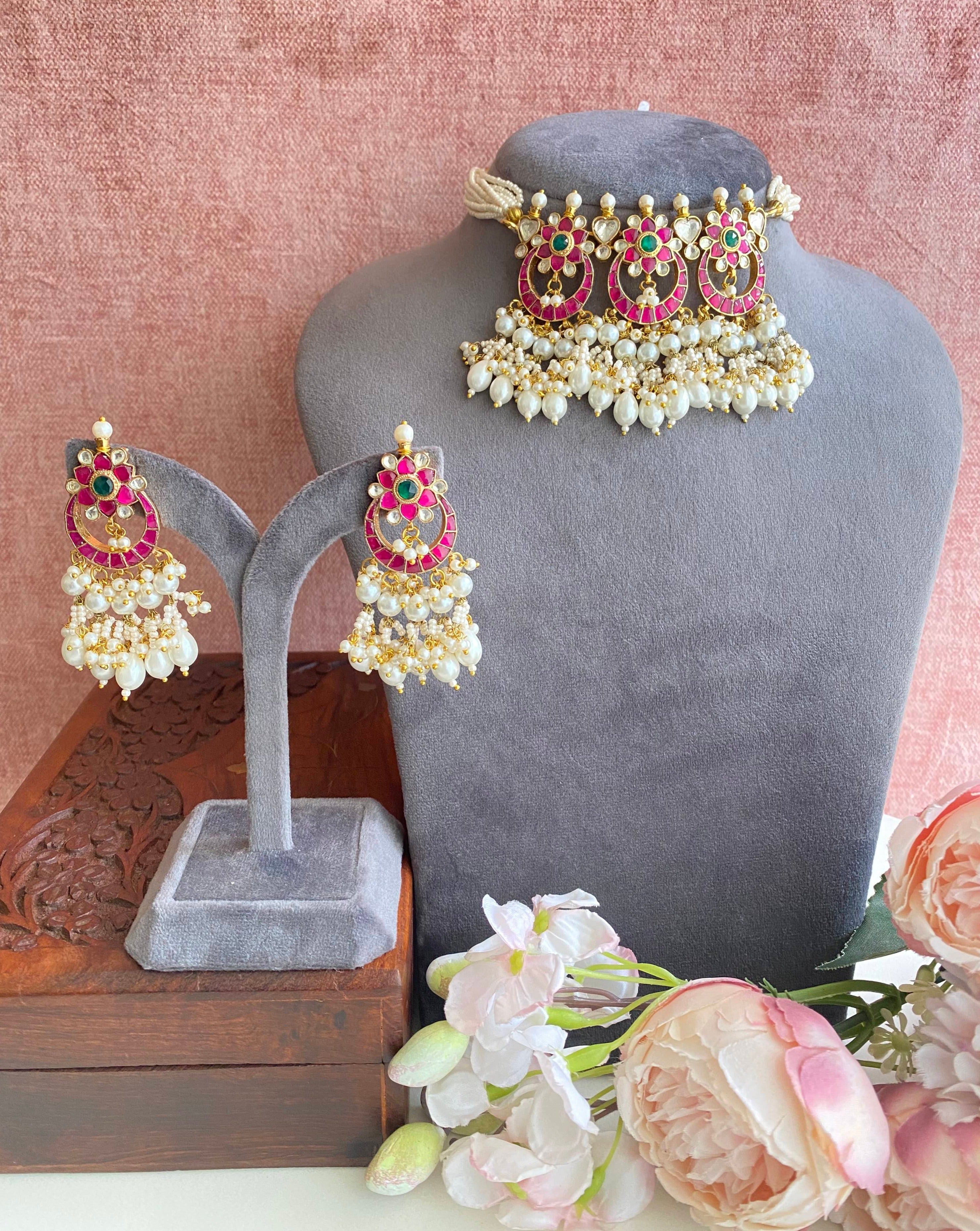 Pink Kundan Choker set in pearl drops