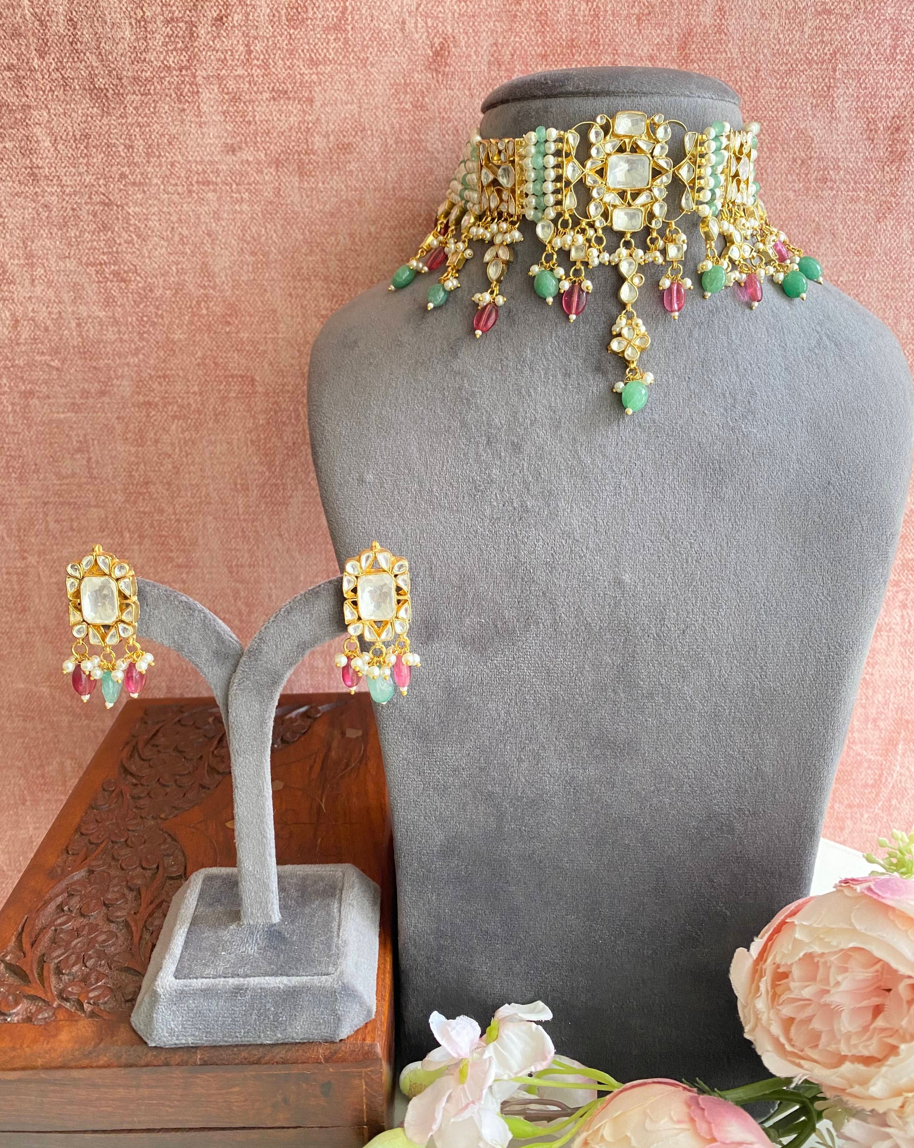 Kundan choker set in mint drops