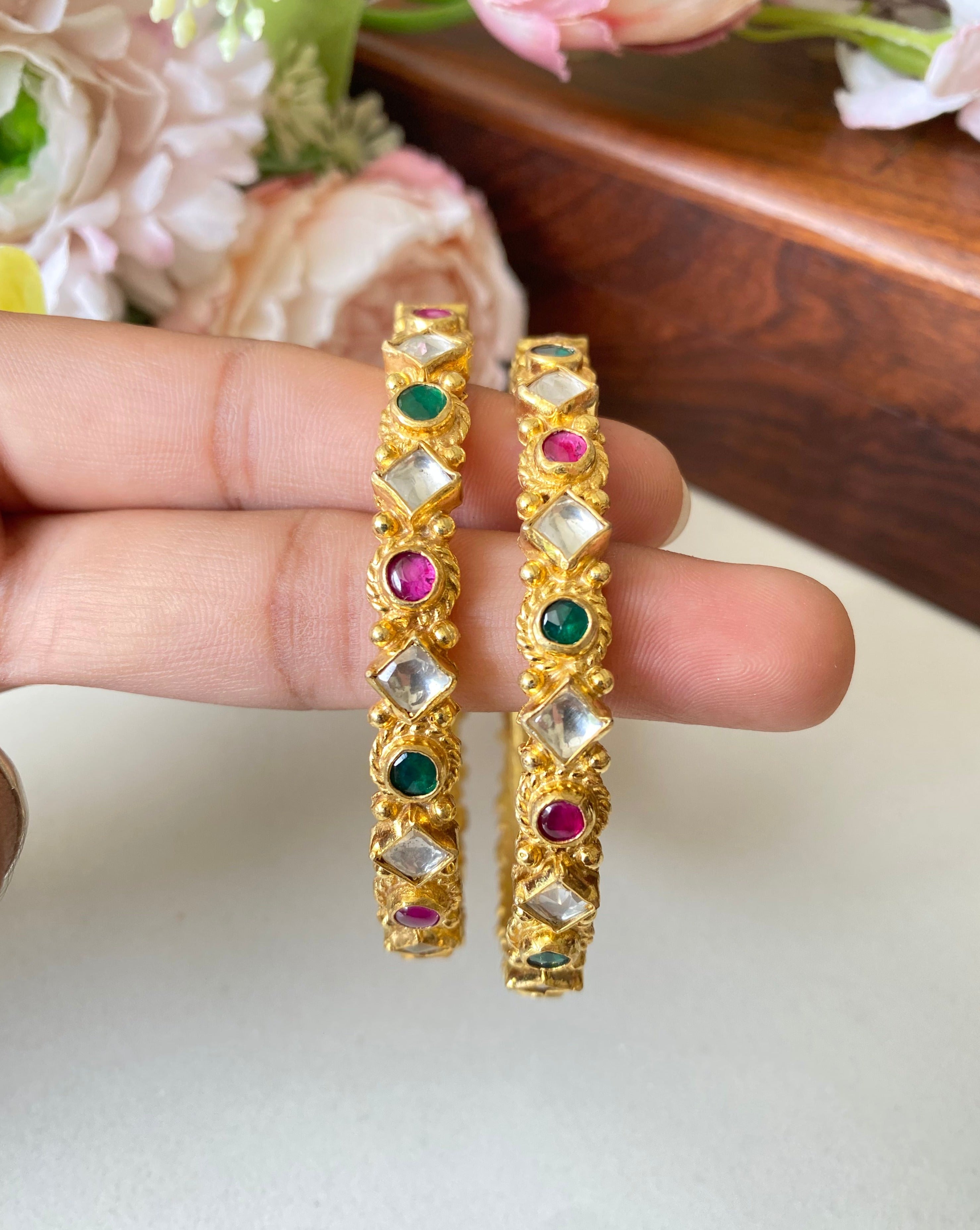 Pink and green Kundan Bangles