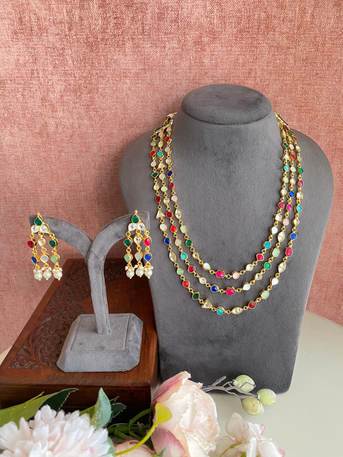 Multi colour kundan long necklace set