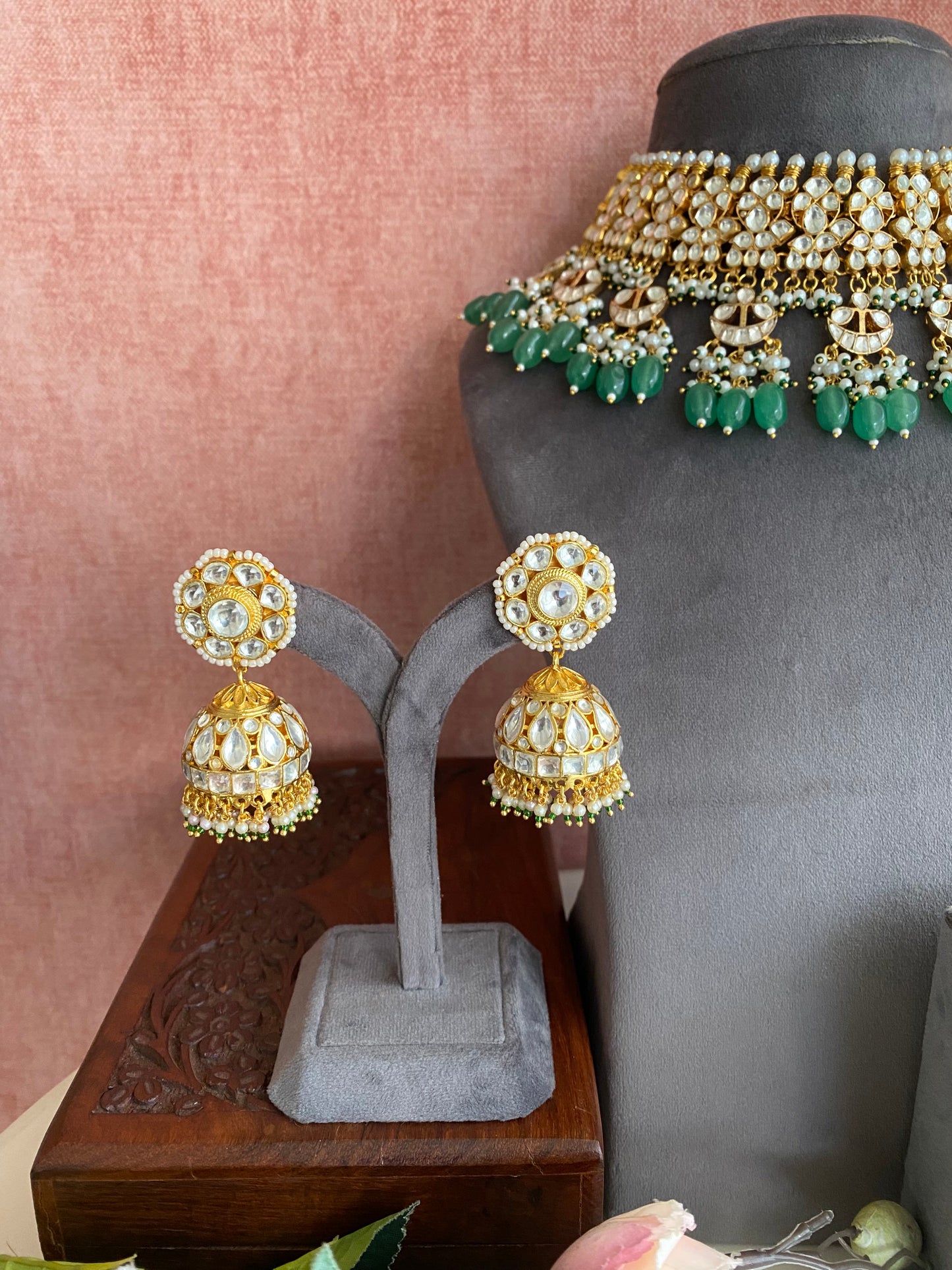 Kundan Bridal Necklace Set in Green drops