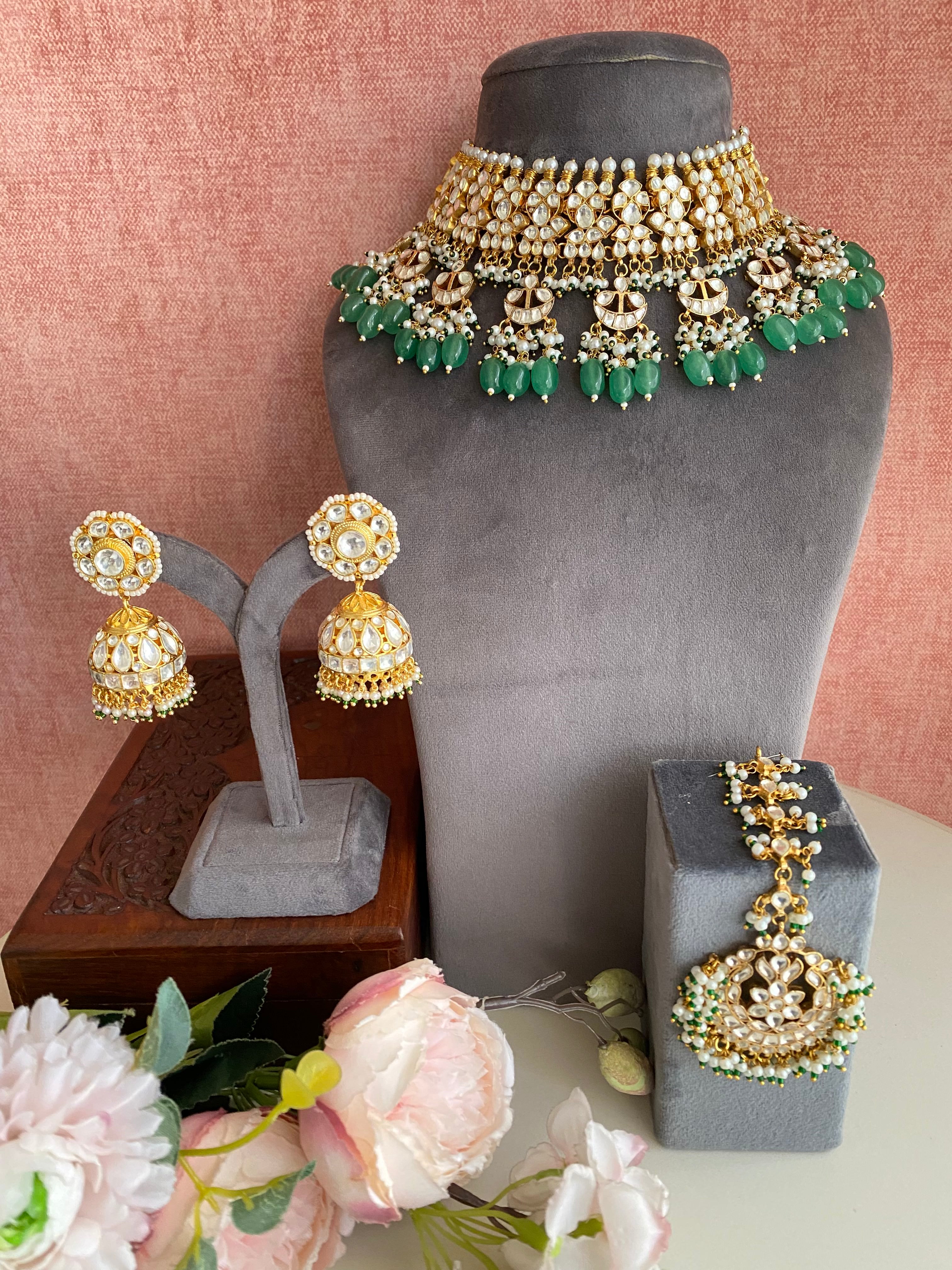 Kundan Bridal Necklace Set in Green drops