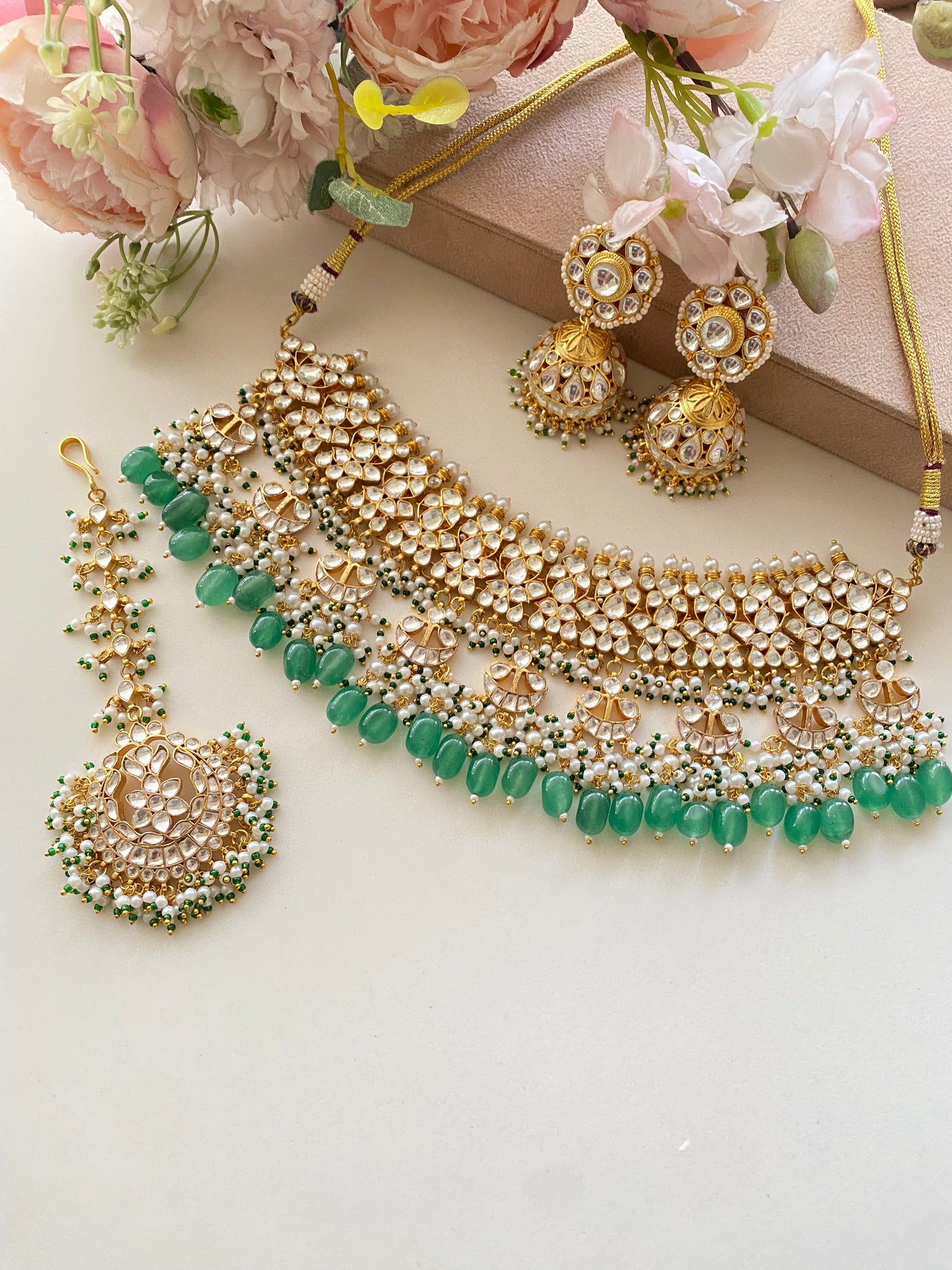 Kundan Bridal Necklace Set in Green drops