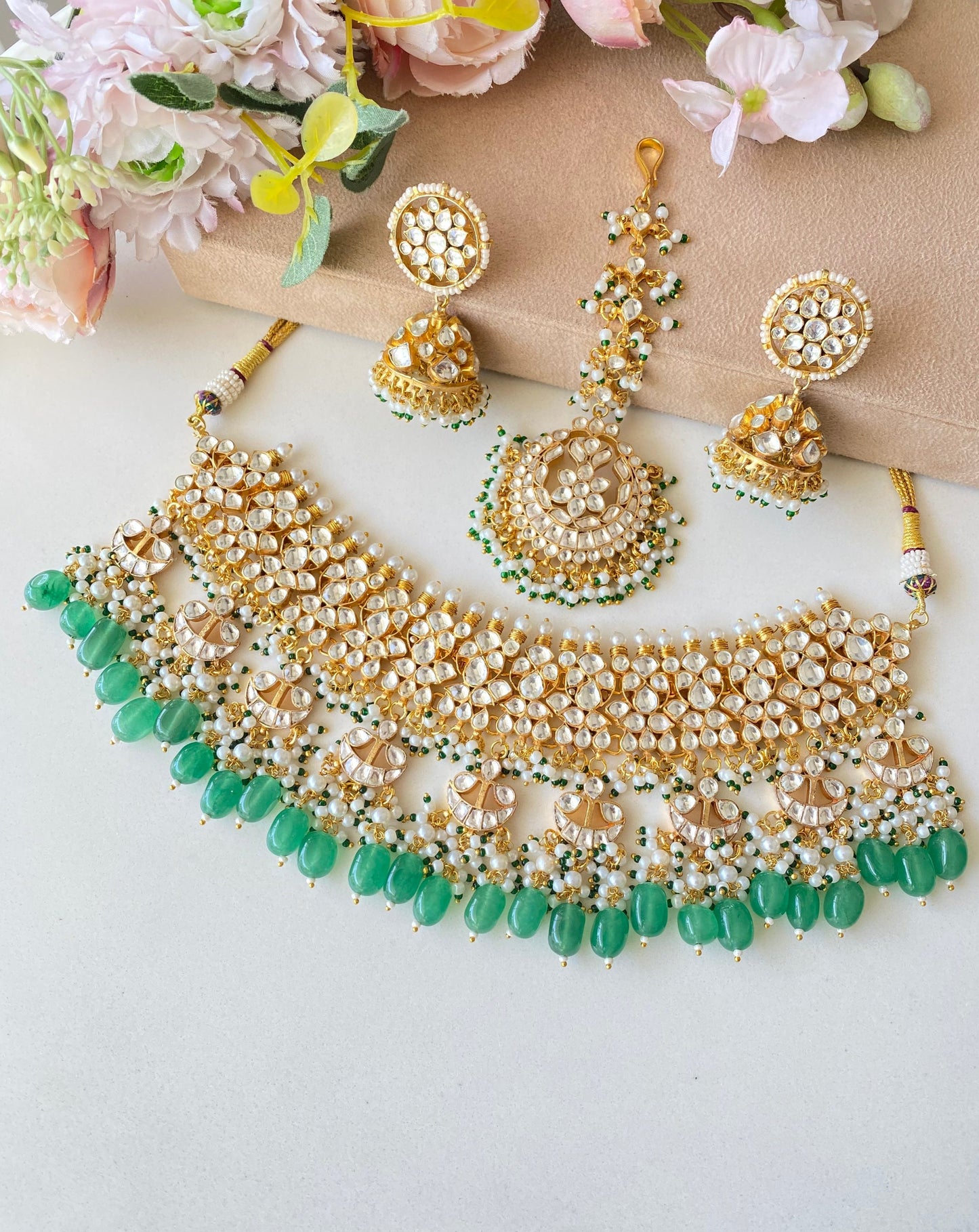 Kundan Bridal Necklace Set in Green drops