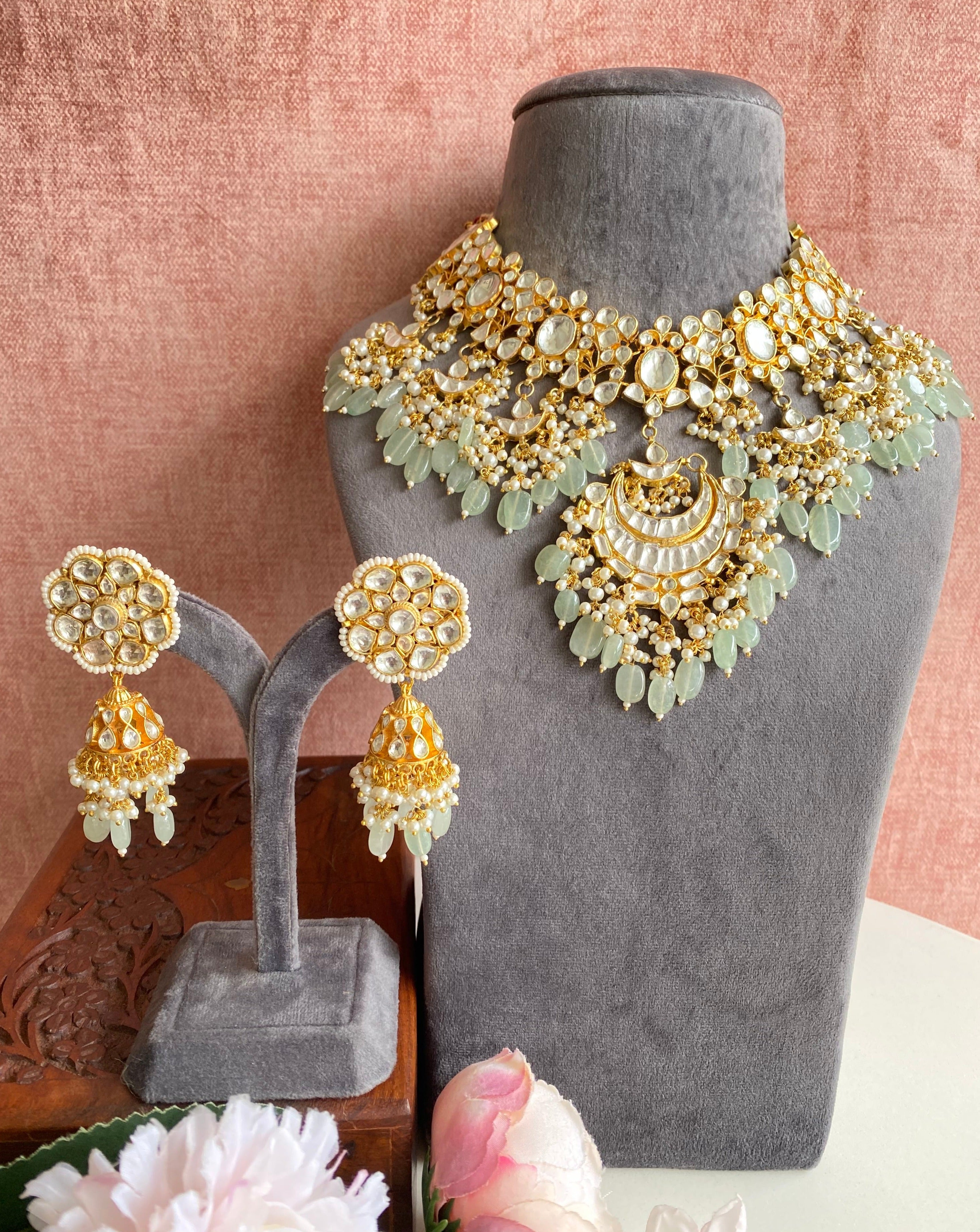 Kundan Bridal Necklace set in mint drops