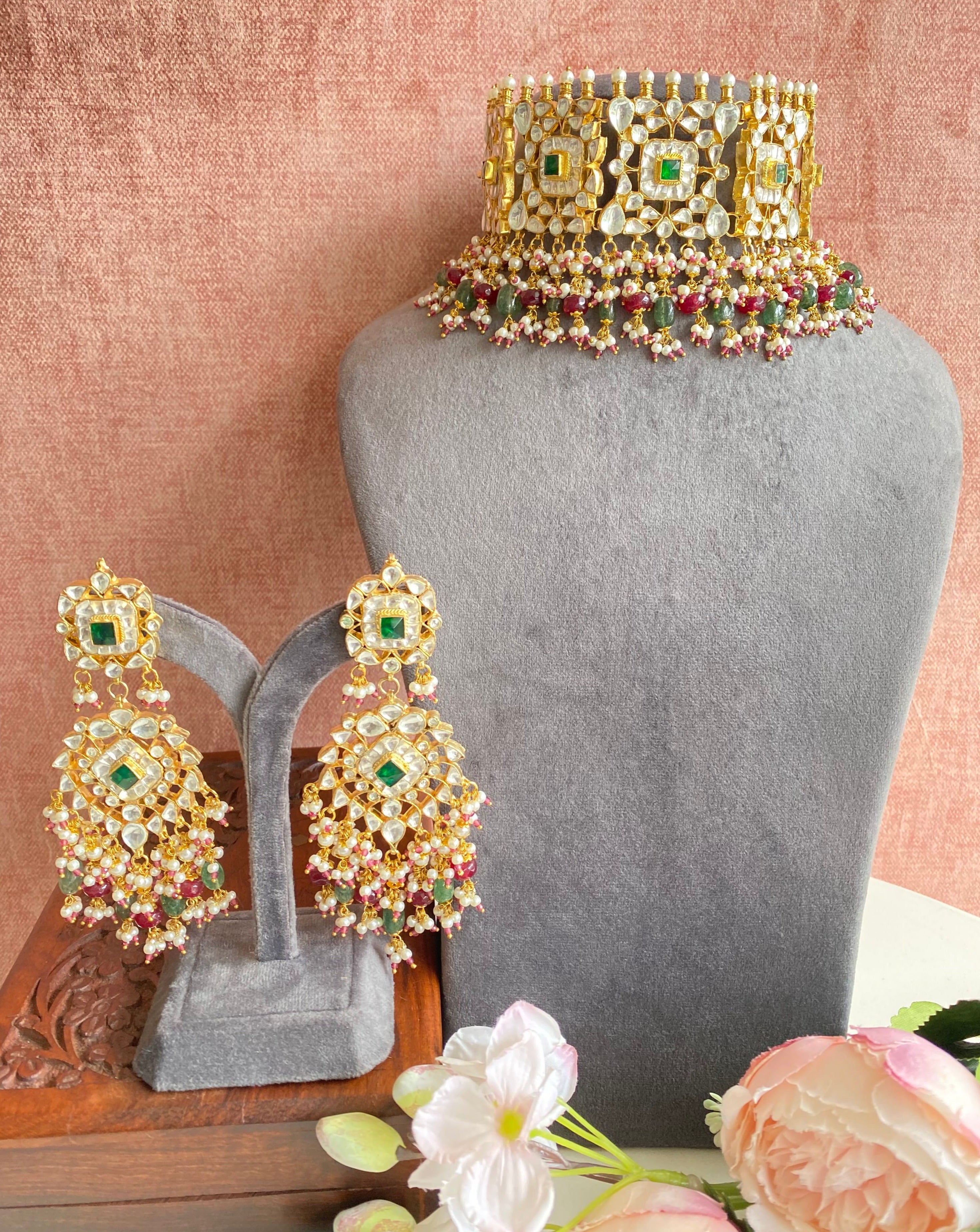 Kundan Choker Set in red green beads