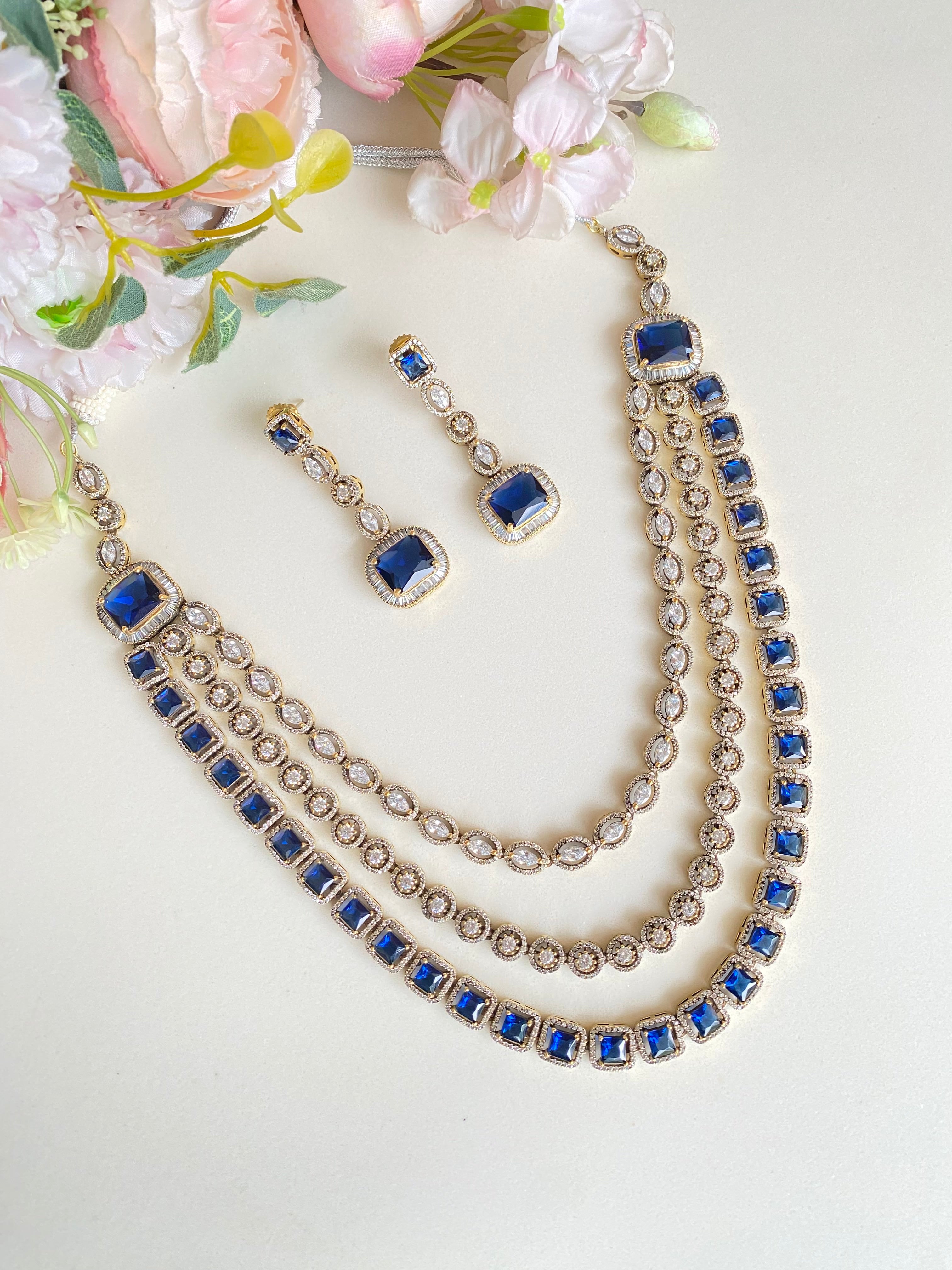 Blue Three Line Necklace set