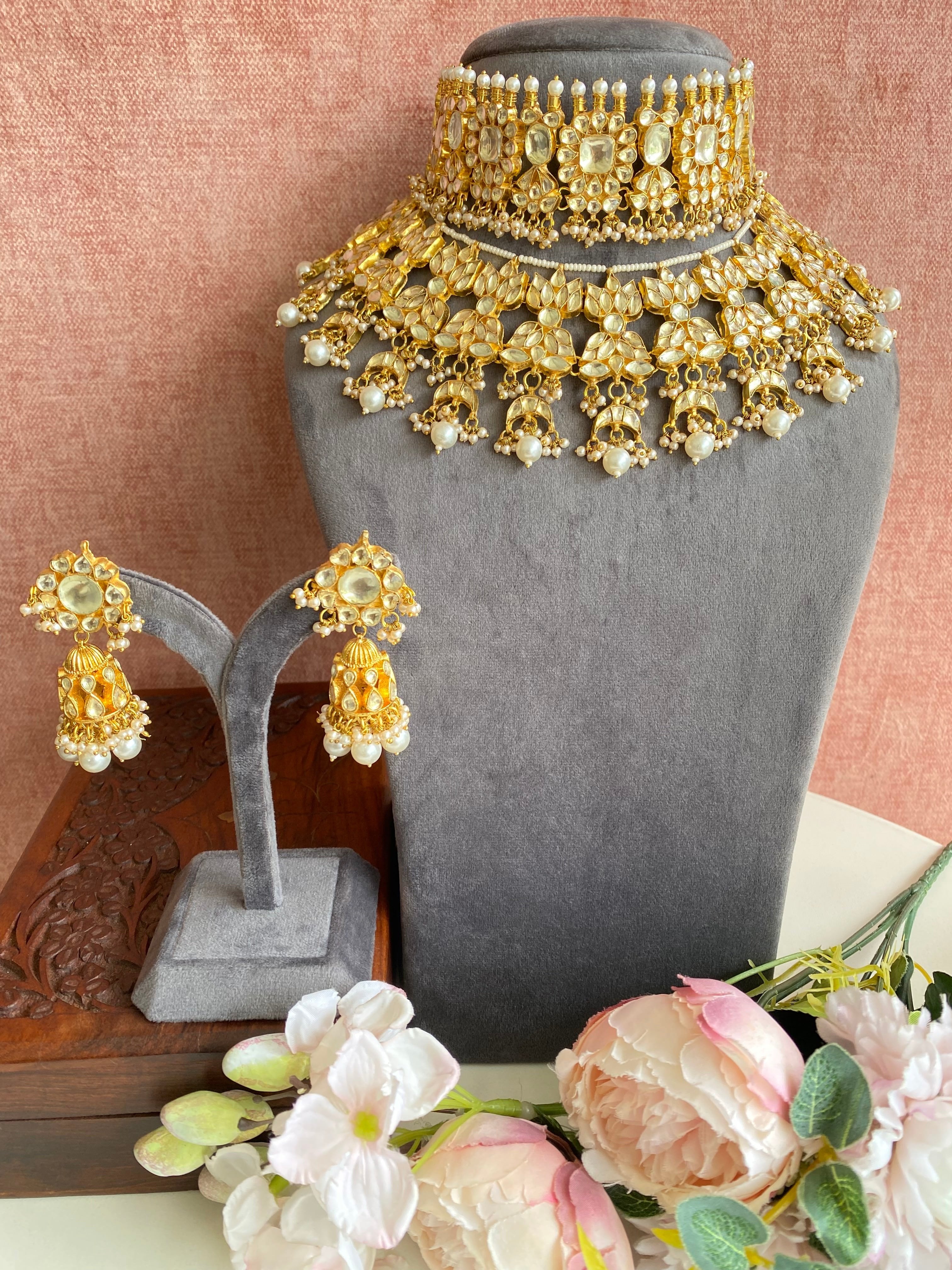 Kundan Double Necklace Set in pearl drops