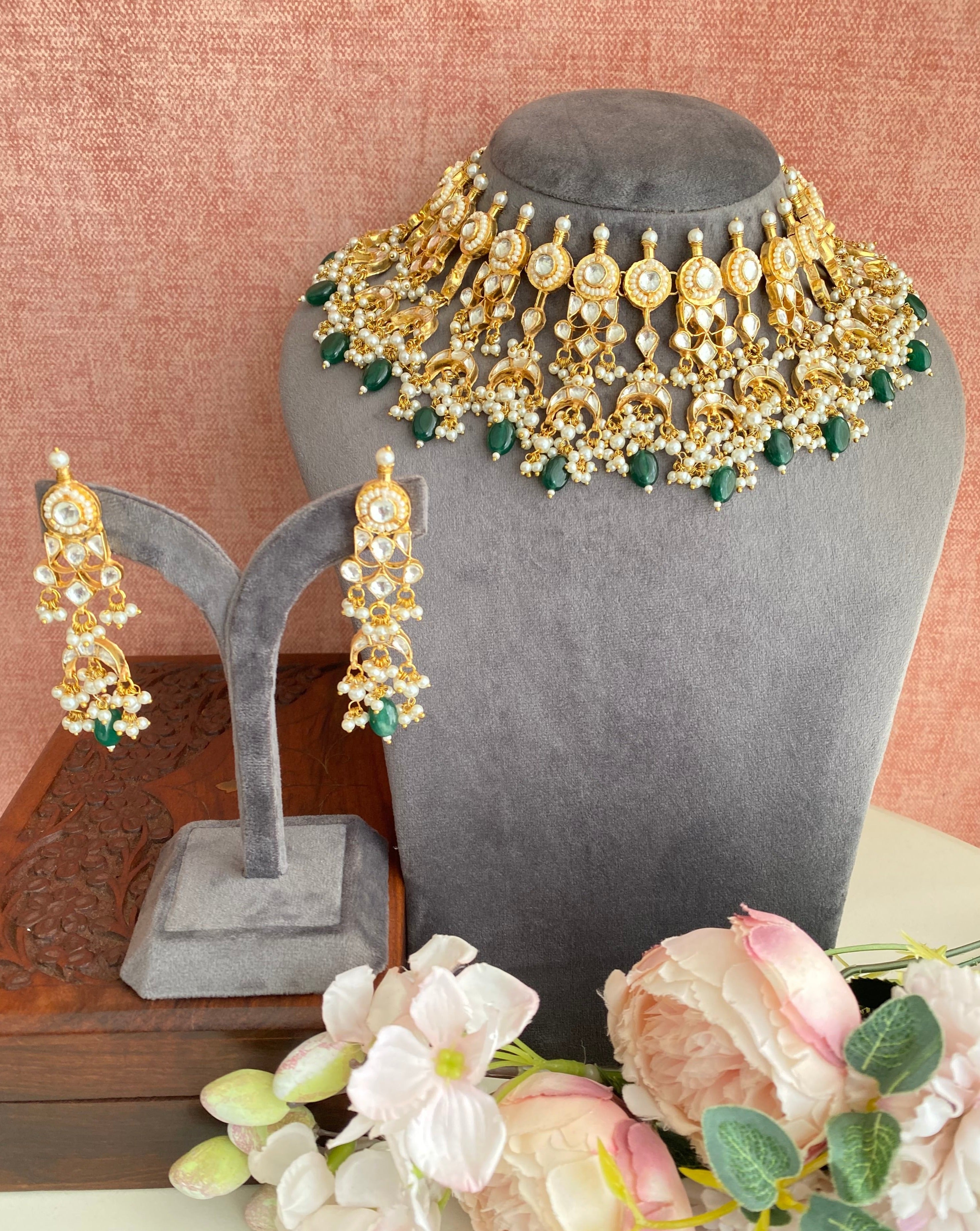 Kundan necklace set in green drops