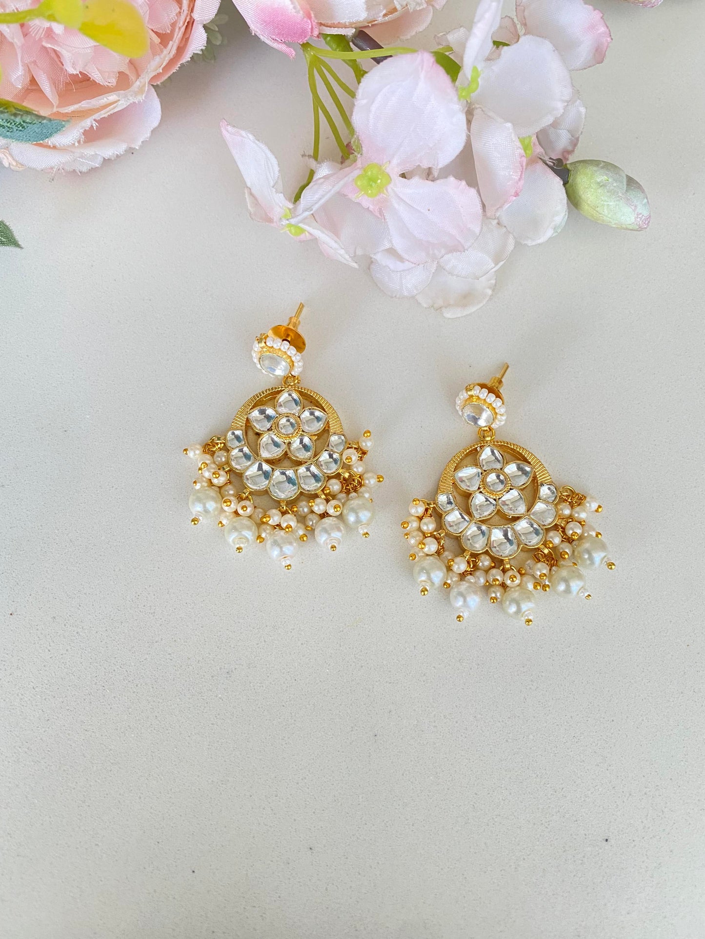 Gold plated Kundan Chandbali earring in pearl