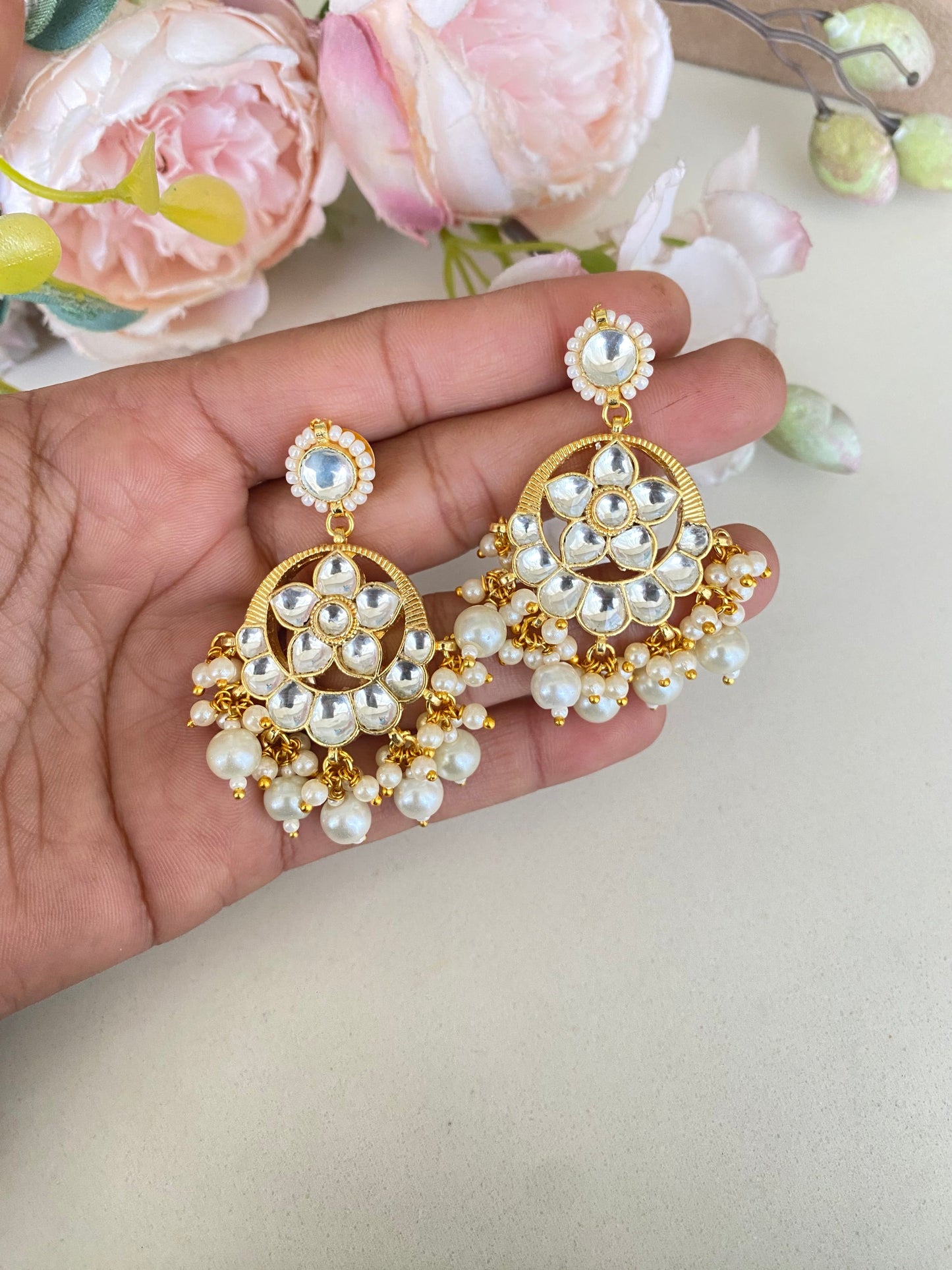 Gold plated Kundan Chandbali earring in pearl