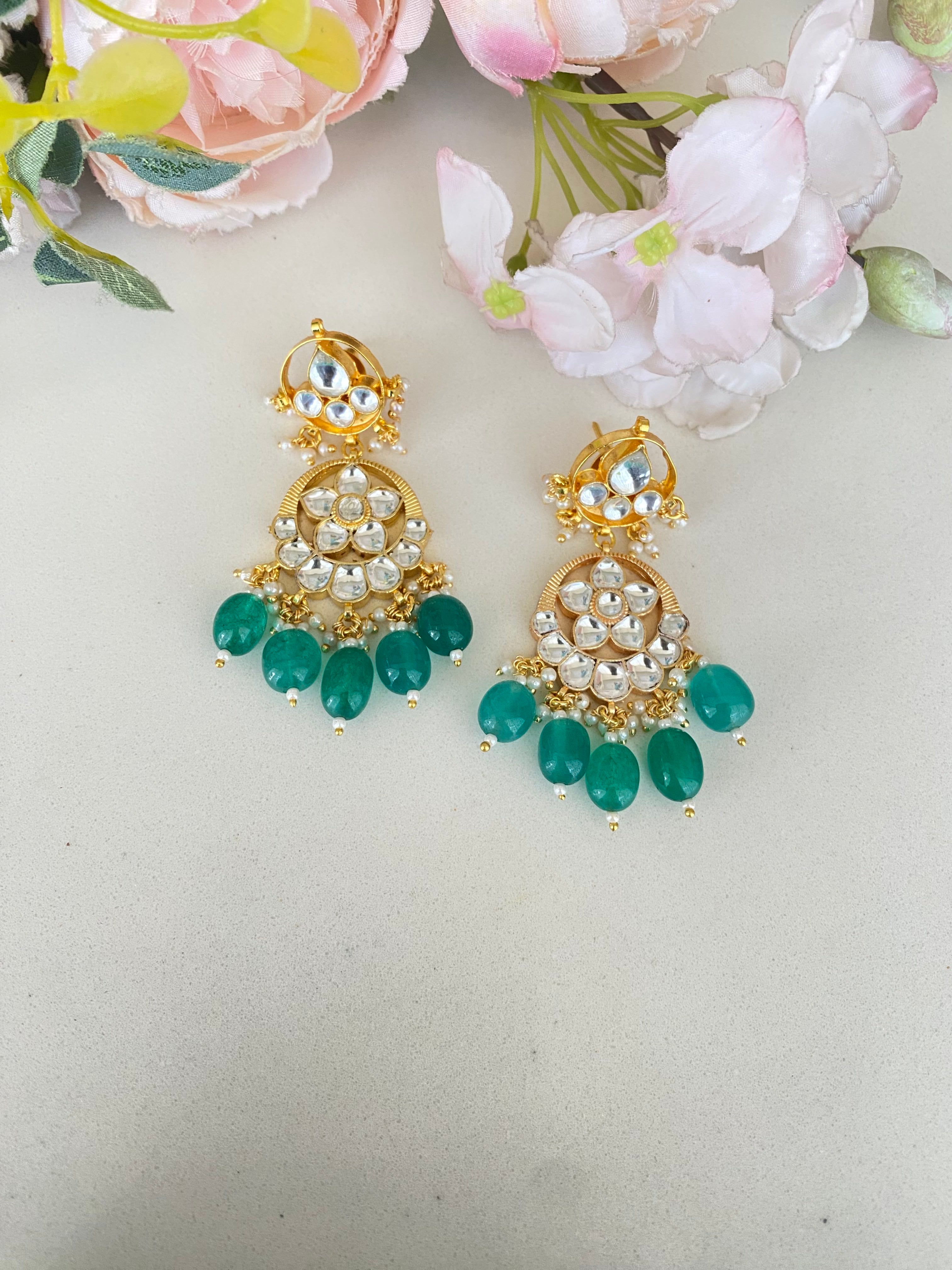 Gold plated Kundan Earring in green drops