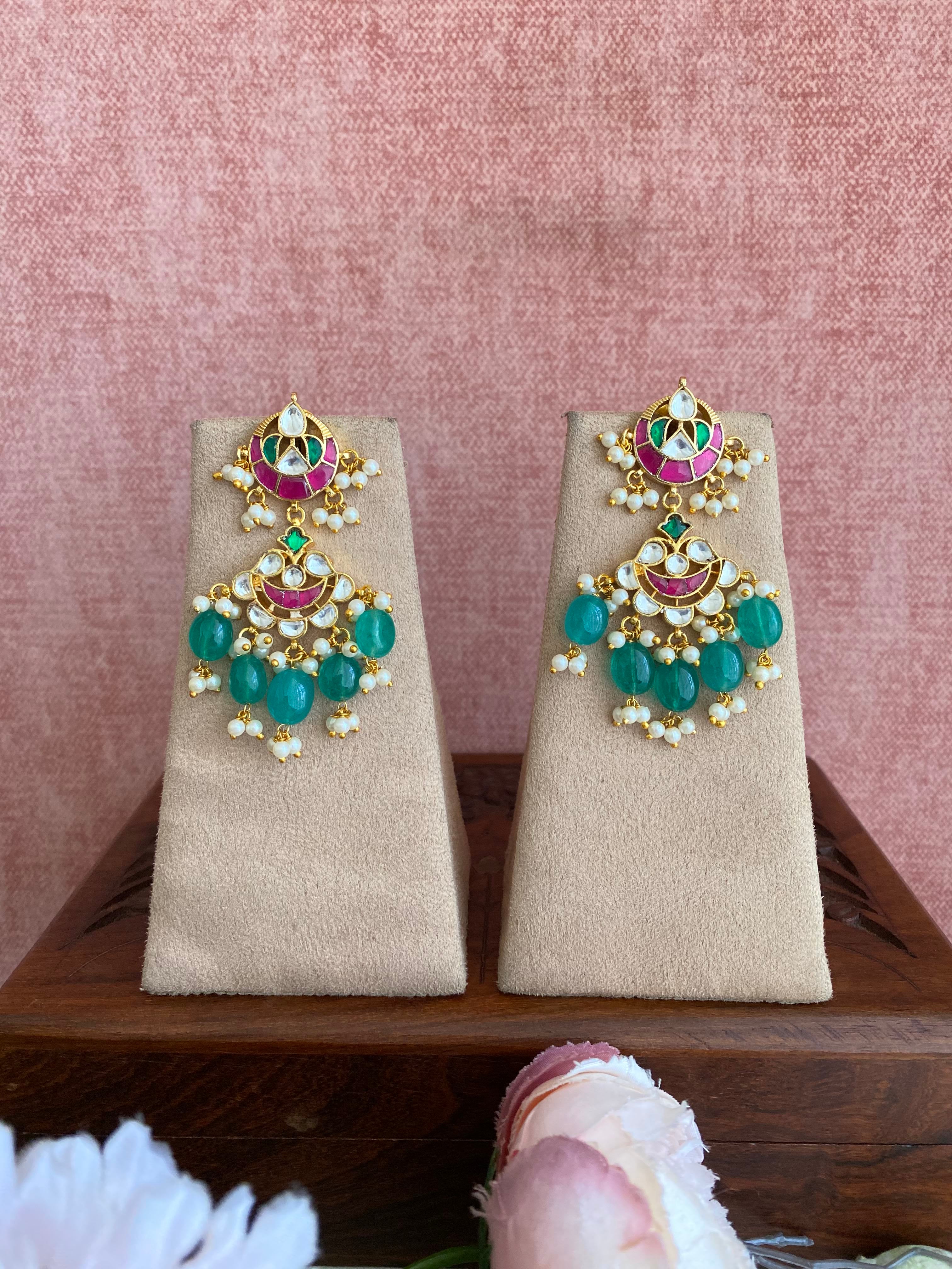 Multicolor Gold Plated Kundan Earring in green drops