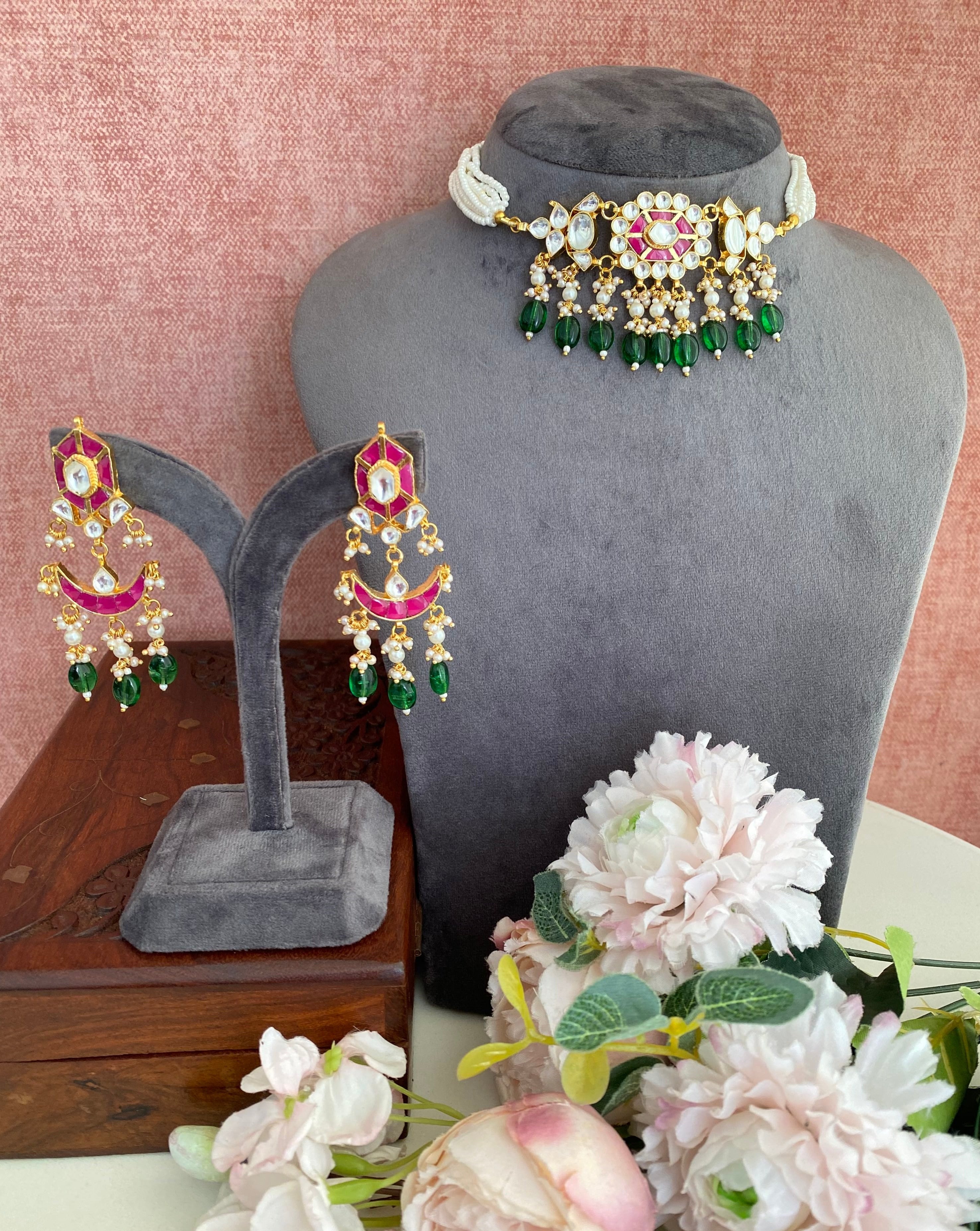 Kundan choker set in green drops