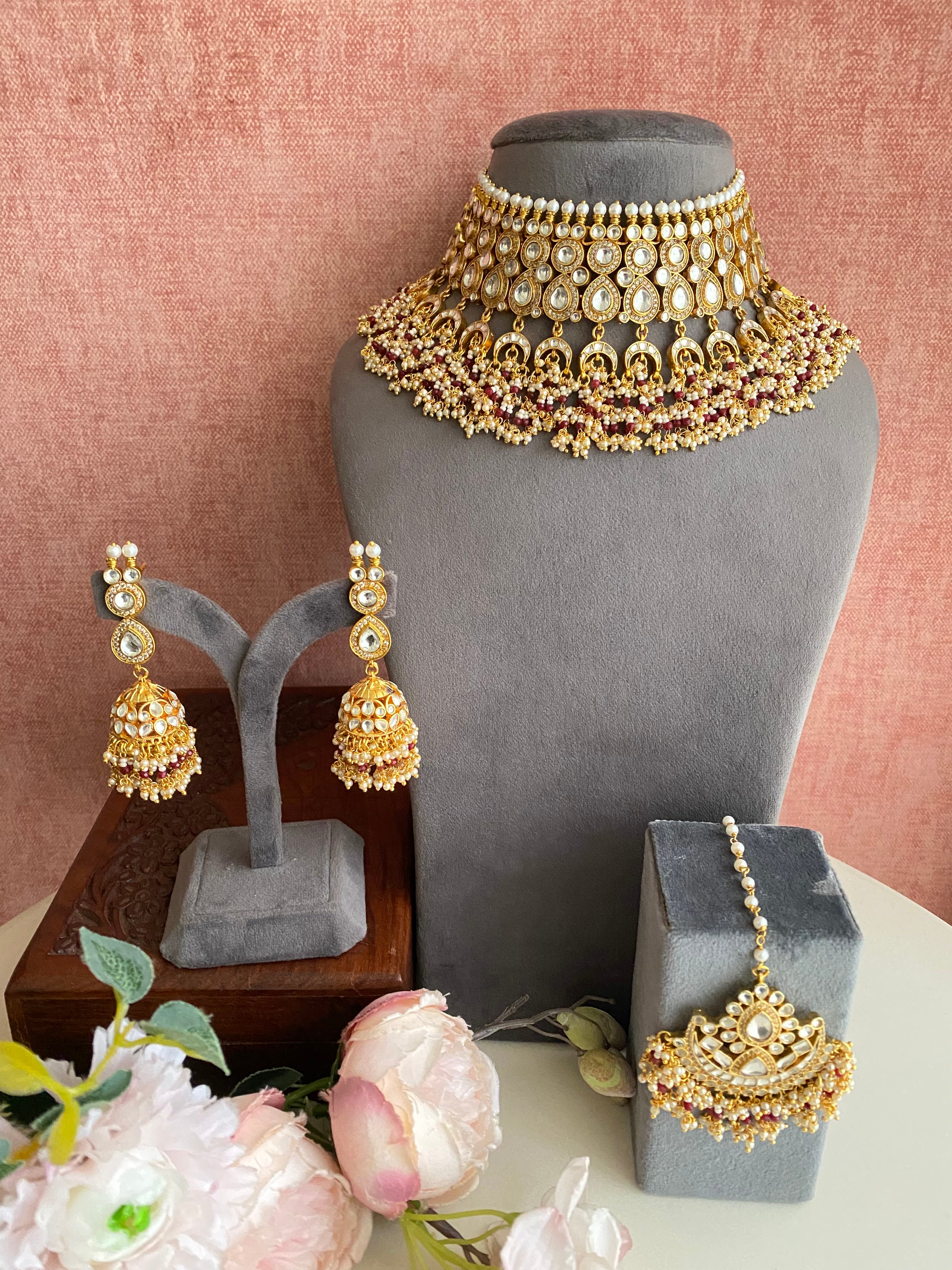 Kundan Gold plated Bridal Necklace Set in red pearl