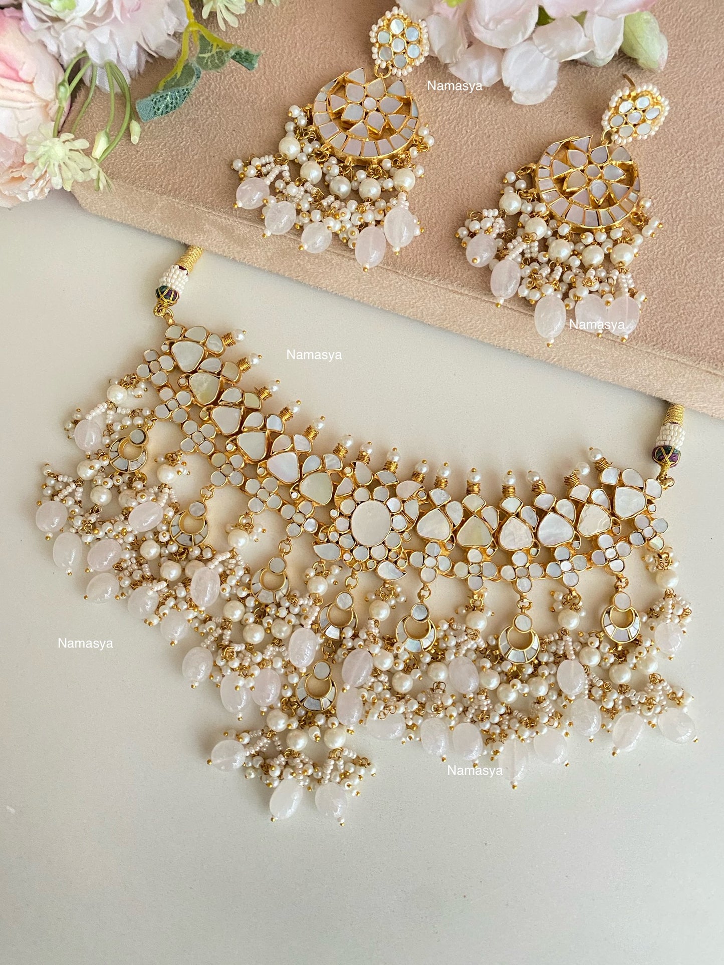 Mother of Pearl Gold plated Necklace set in pink drops