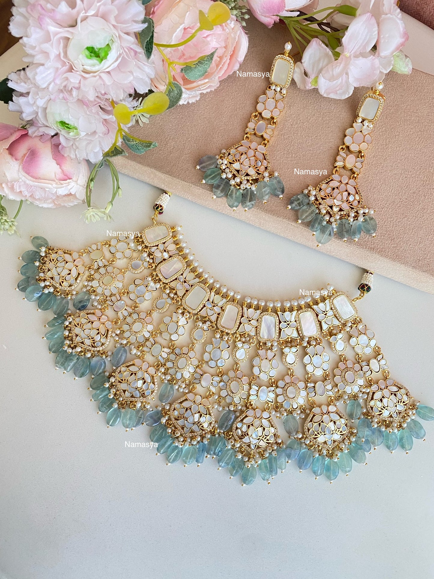 Mother of pearl Gold plated Bridal set in Mint Drops