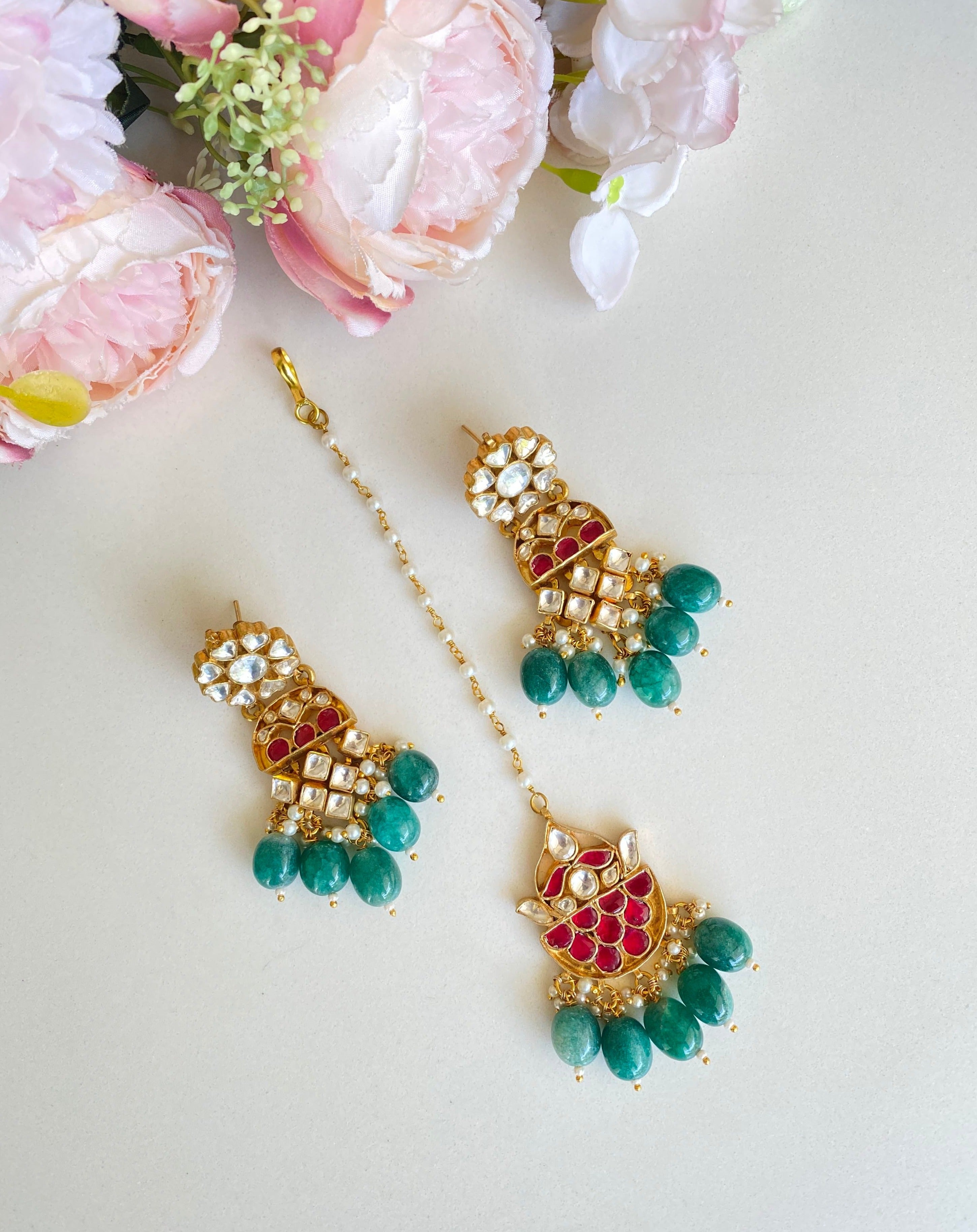 Gold Plated Kundan Earrings with Tikka set in Green Drops