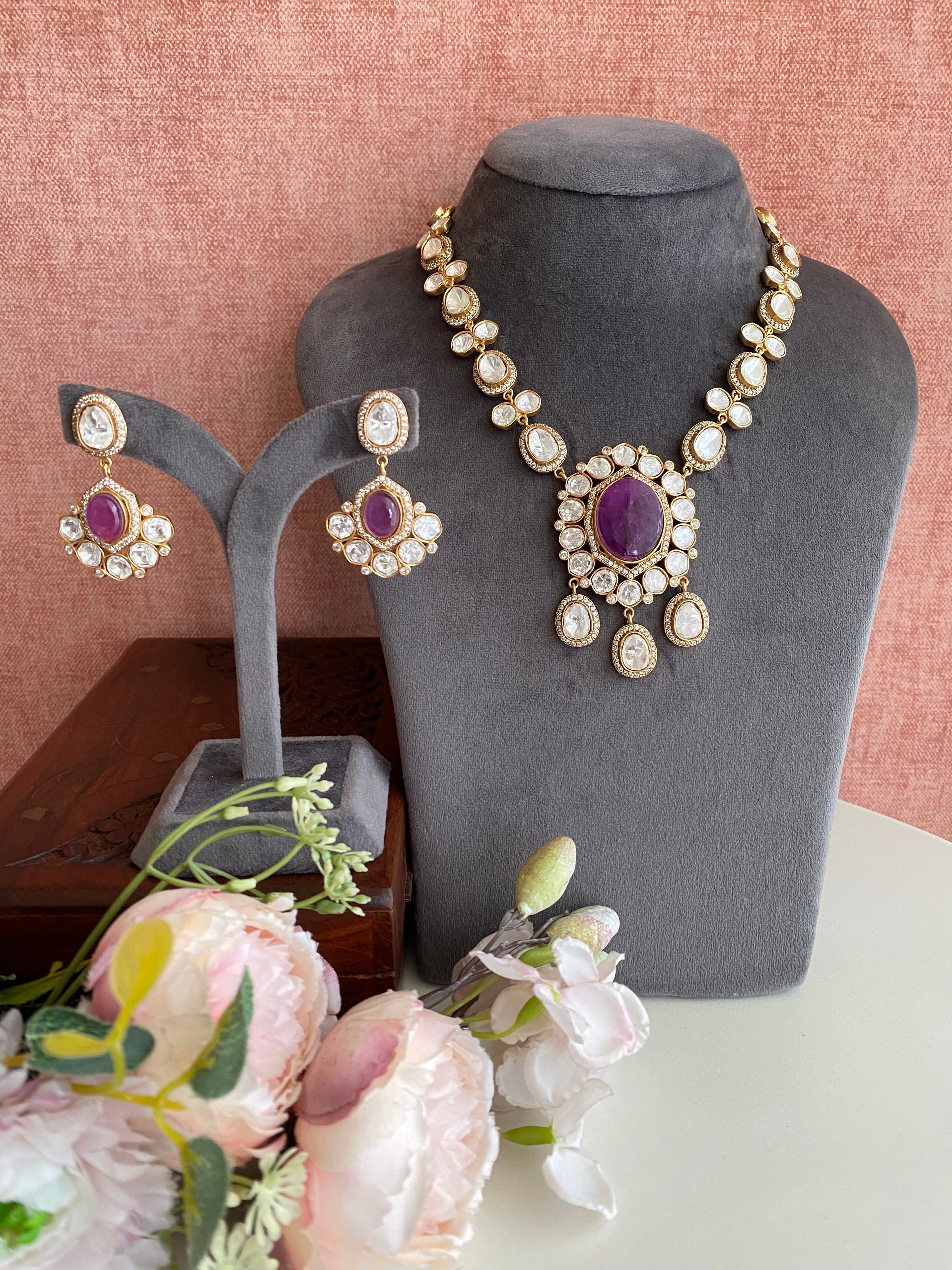 Purple stone long necklace set