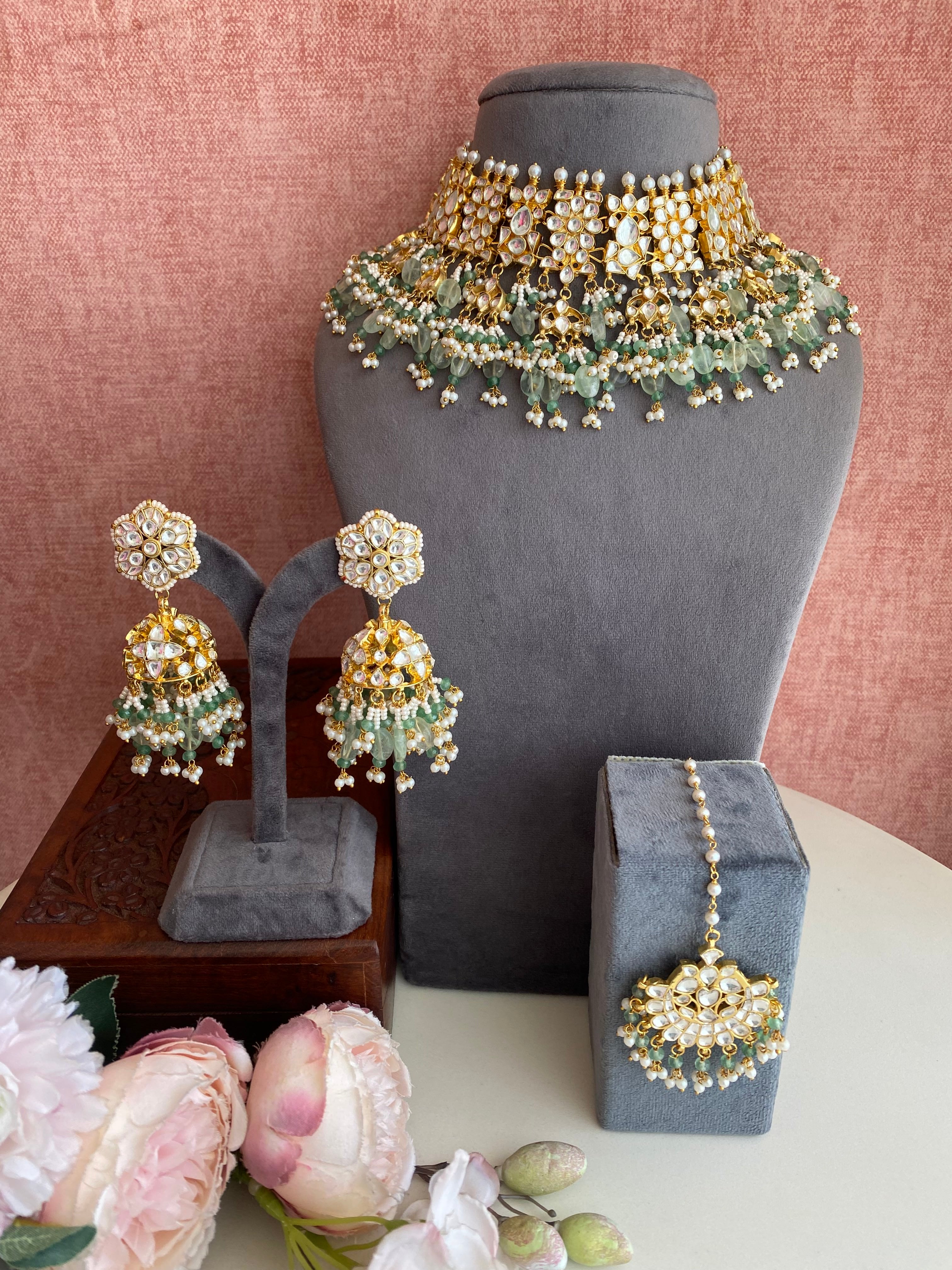 Kundan Bridal Necklace Set in Green drops